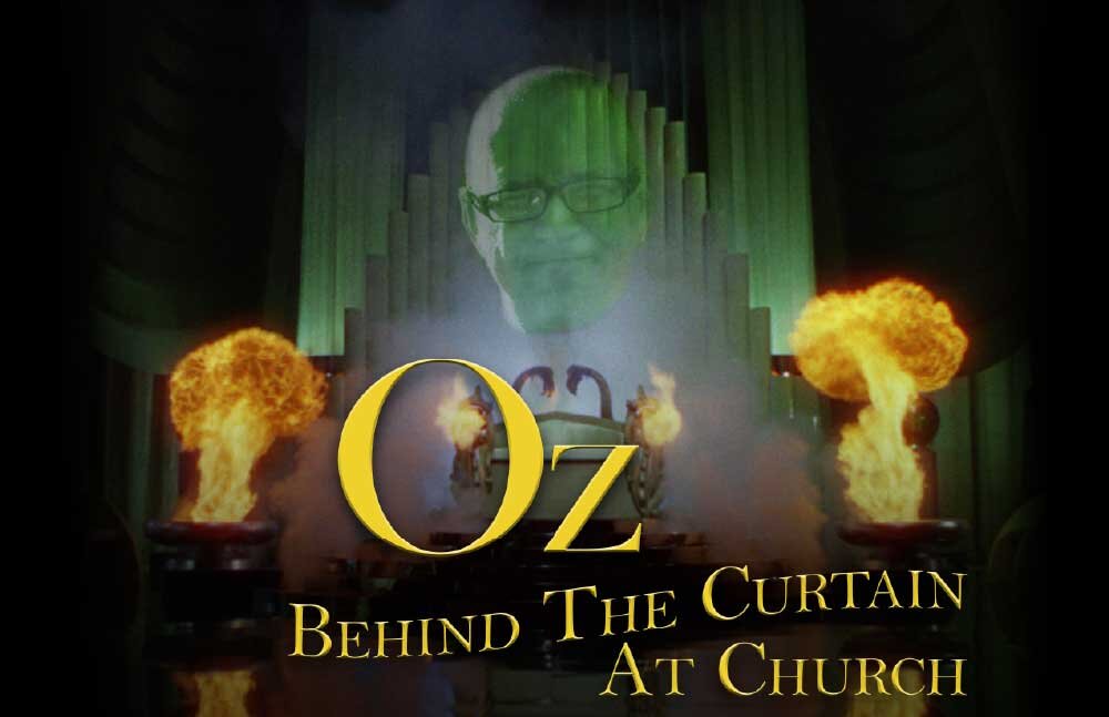 Pastor Joe's head appears in flame above the Wizard of Oz's throne. 'Oz, behind the curtain at church' is superimposed