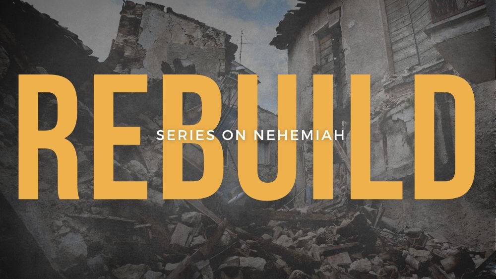  A Dark city lies in ruins, REBUILD, Series on Nehemiah is superimposed. 