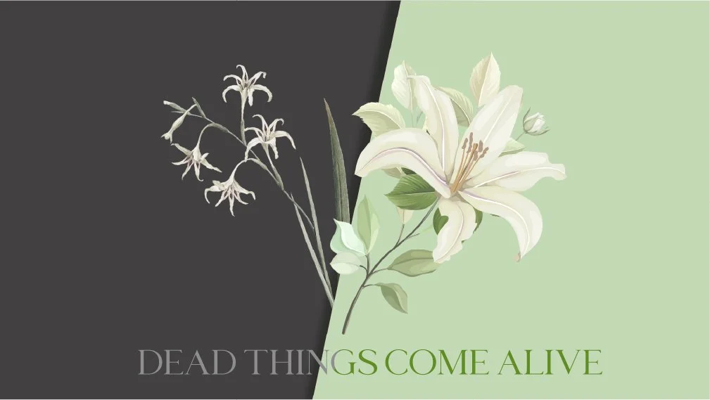 A shriveled, dying lily flower is placed next to a lively and vibrant one. 'Dead things come alive' is written underneath