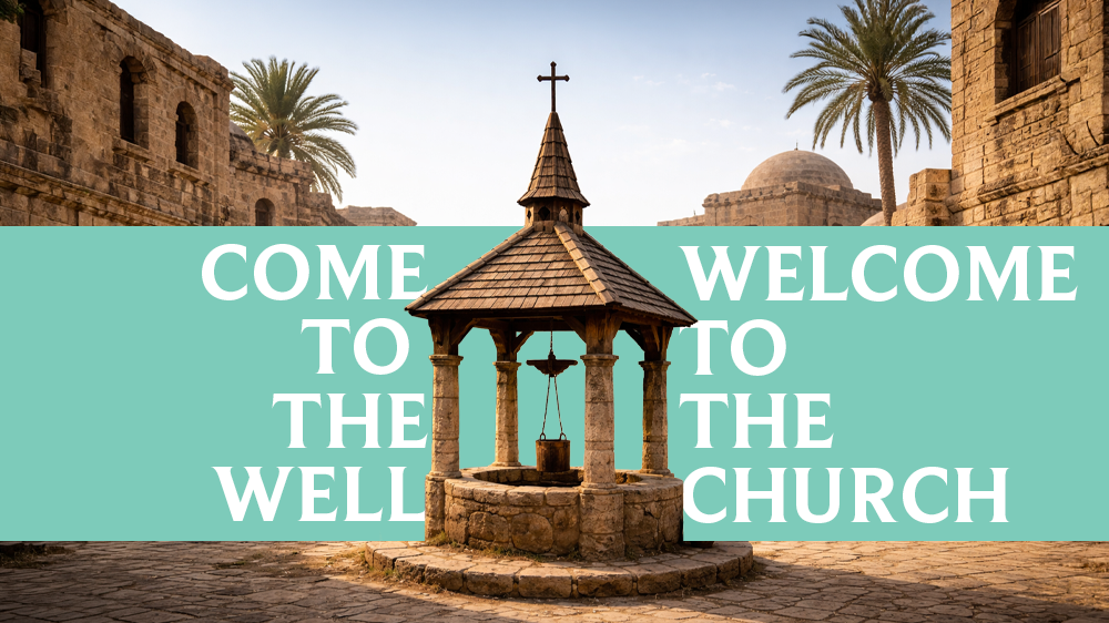 A well is exposed against an ancient town. 'Come to the Well, Welcome to the church' is super imposed
