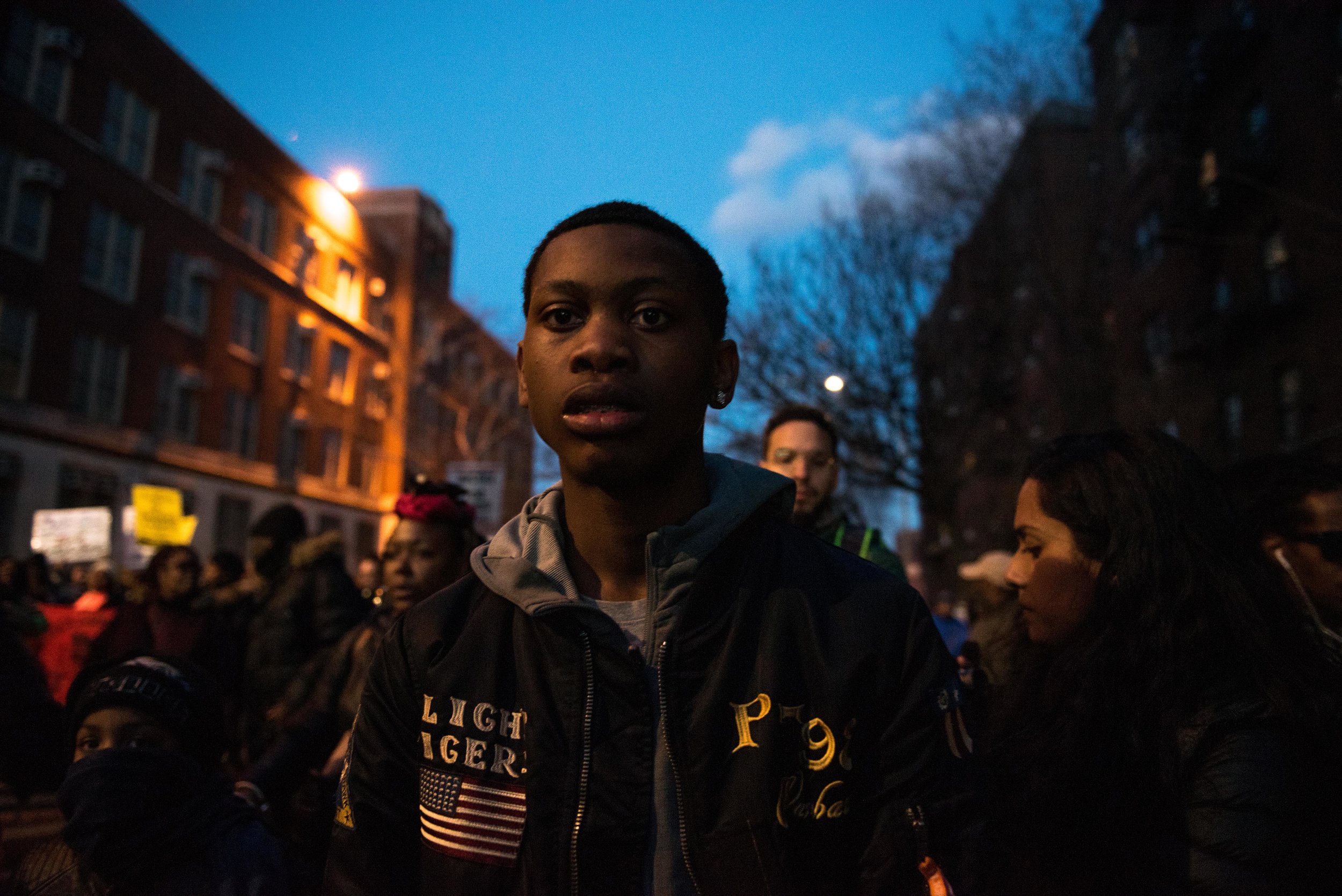  A young protestor marches down Empire Boulevard after the NYPD killing of Saheed Vassel in Crown Heights 