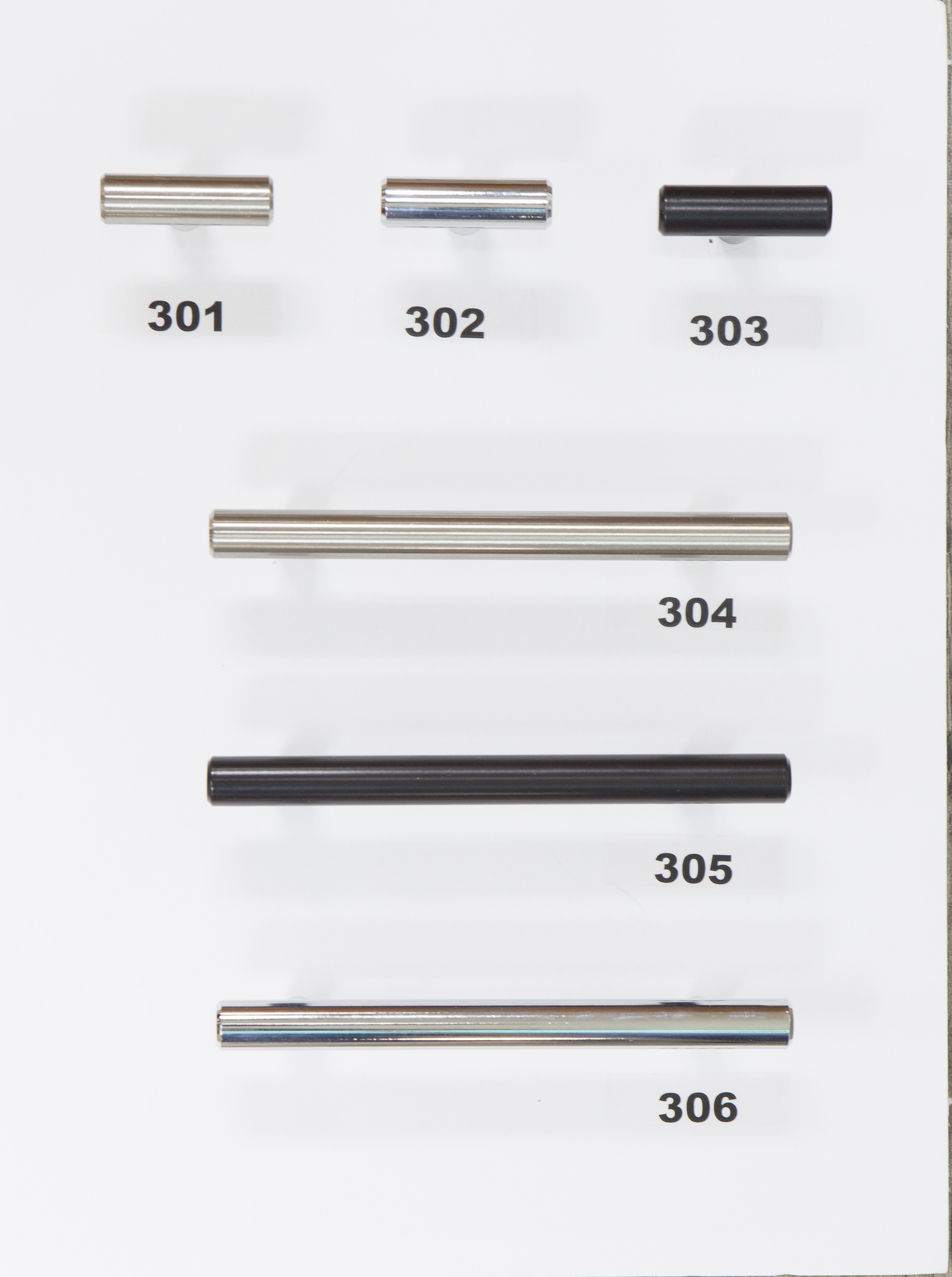  #301 - Knob - Stainless Steel  #302 - Knob - Polished Chrome  #303 - Knob - Flat Black  #304 - 3 3/4” center - Stainless Steel  #305 - 3 3/4” center - Flat Black  #306 - 3 3/3'“ center - Polished Chrome 