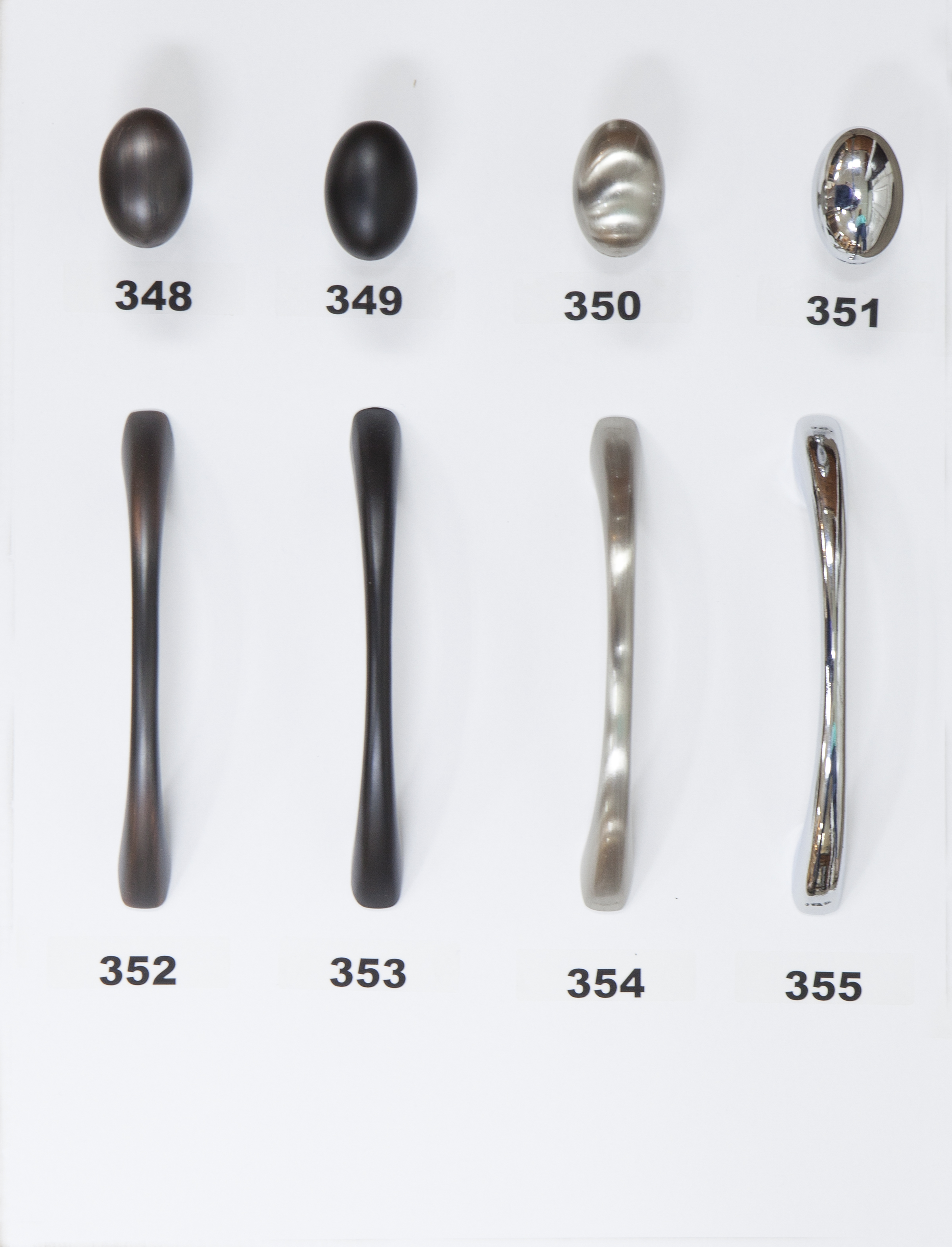  #348 - Knob - Oil Rubbed Bronze  #349 - Knob - Flat Black  #350 - Knob - Satin Nickel  #351 - Knob - Polished Chrome  #352 - 3 3/4” Center - Oil Rubbed Bronze   #353 - 3 3/4” Center - Flat Black  #354 - 3 3/4” Center - Satin Nickel  #355 - 3 3/4” Ce