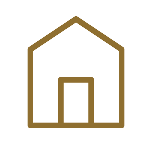 Outline of a house with a simple door, in gold color on a black background.