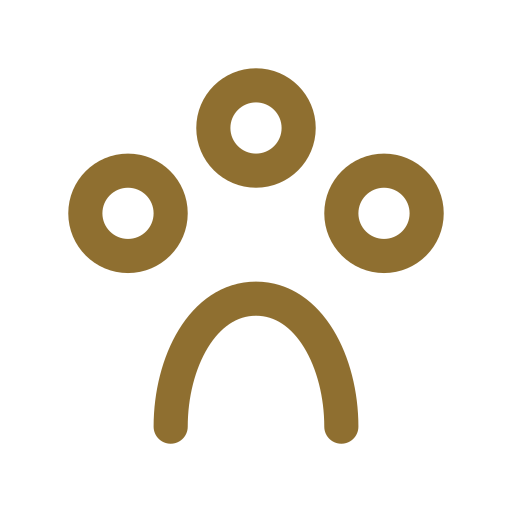 A stylized paw print with three round toes and a curved pad, all in brown on a black background.