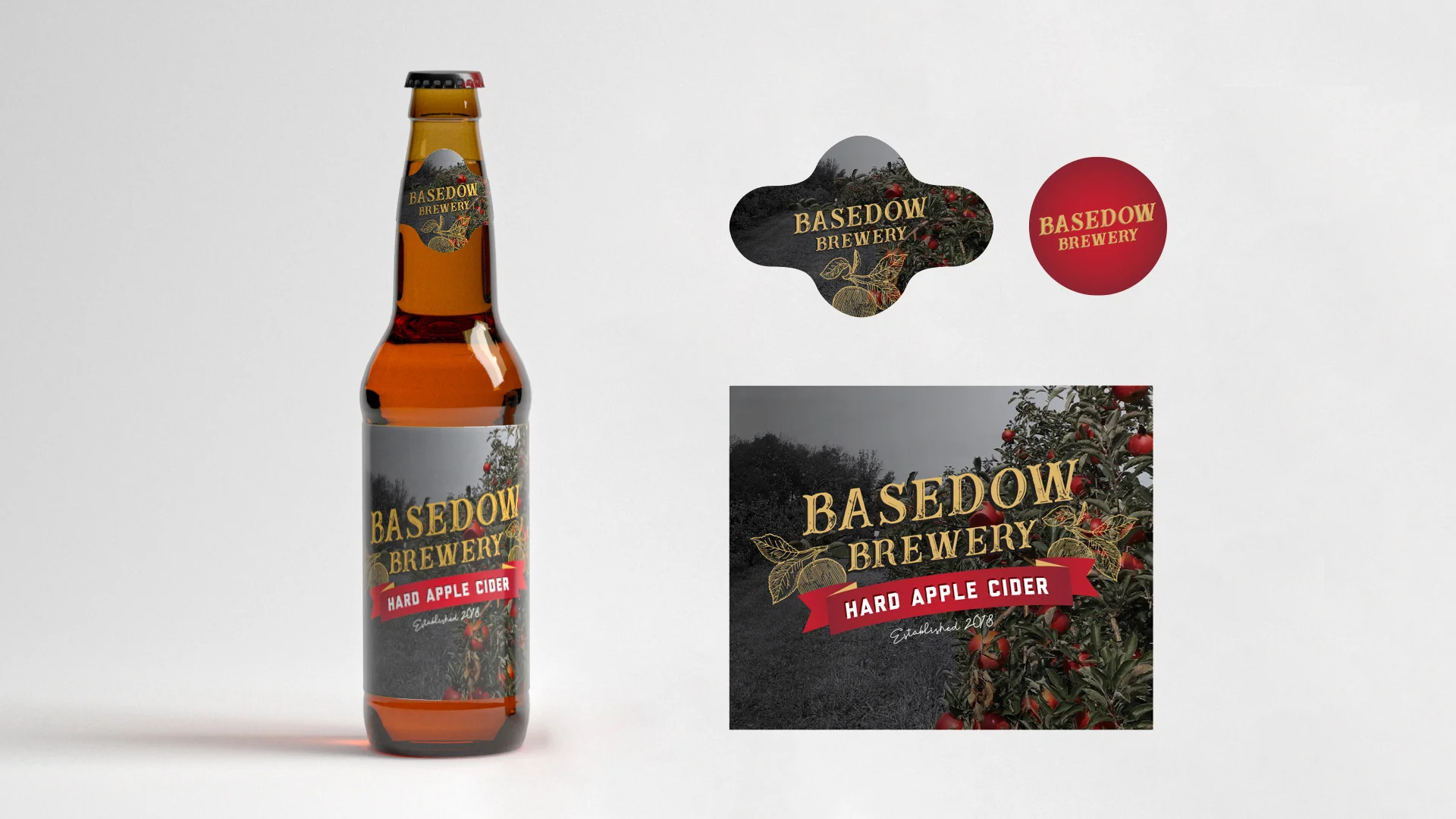  A beer bottle label, bottle collar and bottle cap designed for a home brewery. The client was a professional consultant for apple orchards and made his own hard apple cider. 