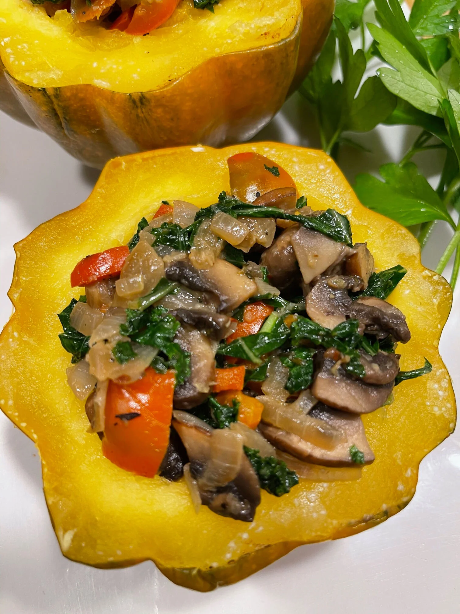 Acorn Squash Stuffed with Creamy Kale and Mushrooms