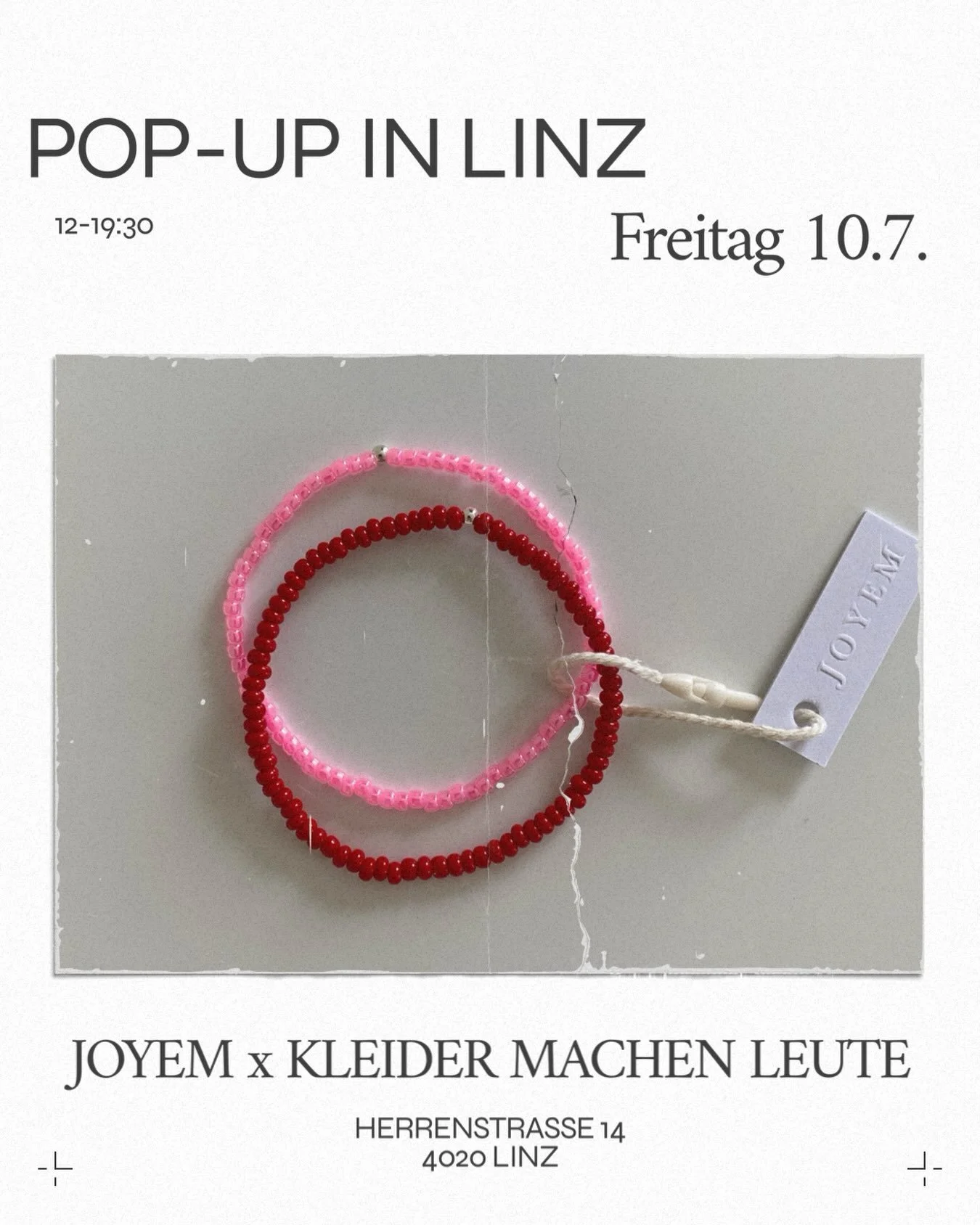 JOYEM SUMMER CLUB ON TOUR 🍒

🇦🇹 Pop-up Event in Linz

Spontane Events sind oft die sch&ouml;nsten &ndash; und genau deshalb lade ich euch gemeinsam mit unserem wunderbaren Partner Kleider machen Leute zu einem sommerlichen JOYEM Pop-up ein.

Dabei