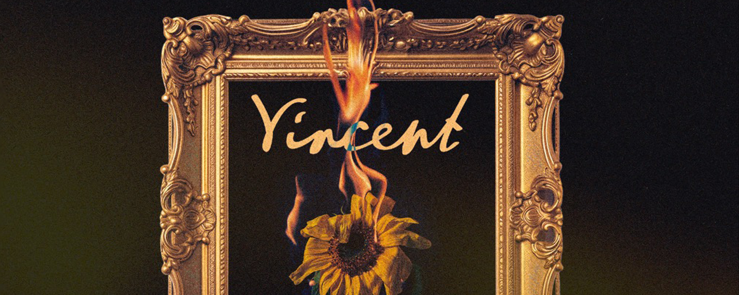 A decorative gold ornate mirror frame with a burning sunflower in front of dark background, and the word 'Vincent' written across the center.