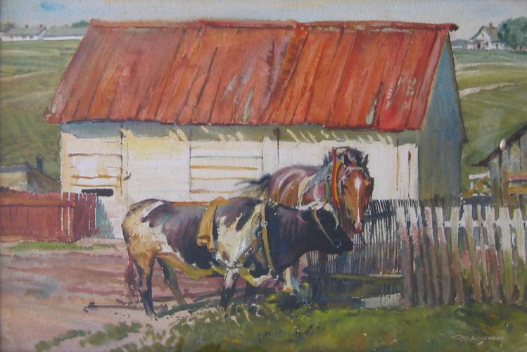 "Bull & Horse Team At Barn"