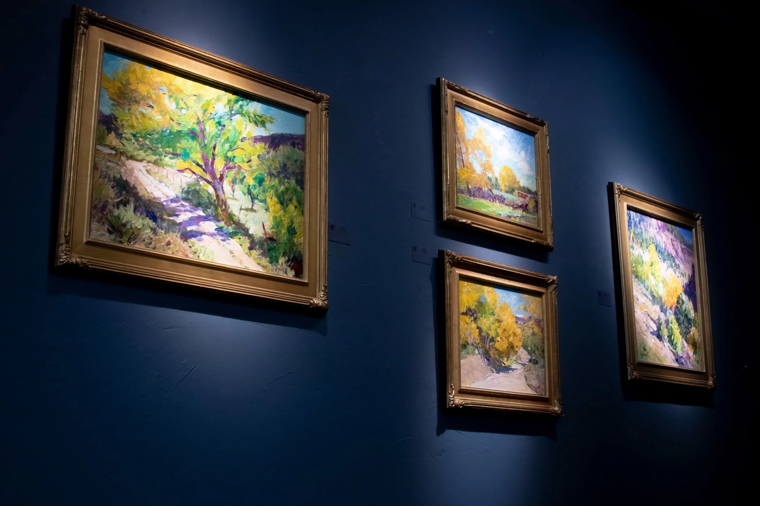Walt Gonske&rsquo;s masterful brush work never ceases to impress! Stop in the gallery and treat yourself to an up-close inspection of the skill involved in Gonske&rsquo;s chromatic expressions.
Left to Right:
Embed Cottonwood, Taos Fence (top), Name 