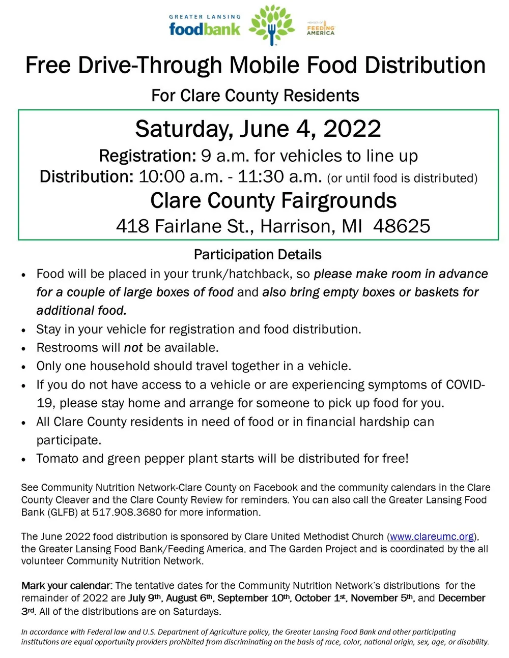 Free Drive Thru Mobile Food Distribution — Clare Area Chamber of Commerce