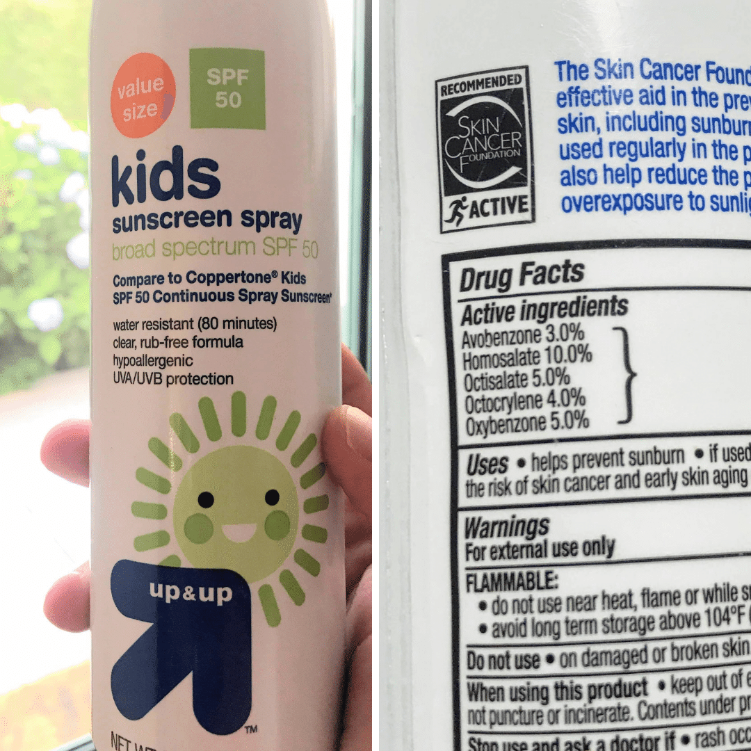 A popular Target brand sunscreen contains Avobenzone and Oxybenzone, two chemicals tested in a research study and found to have detectable levels in the bloodstream within hours of application.