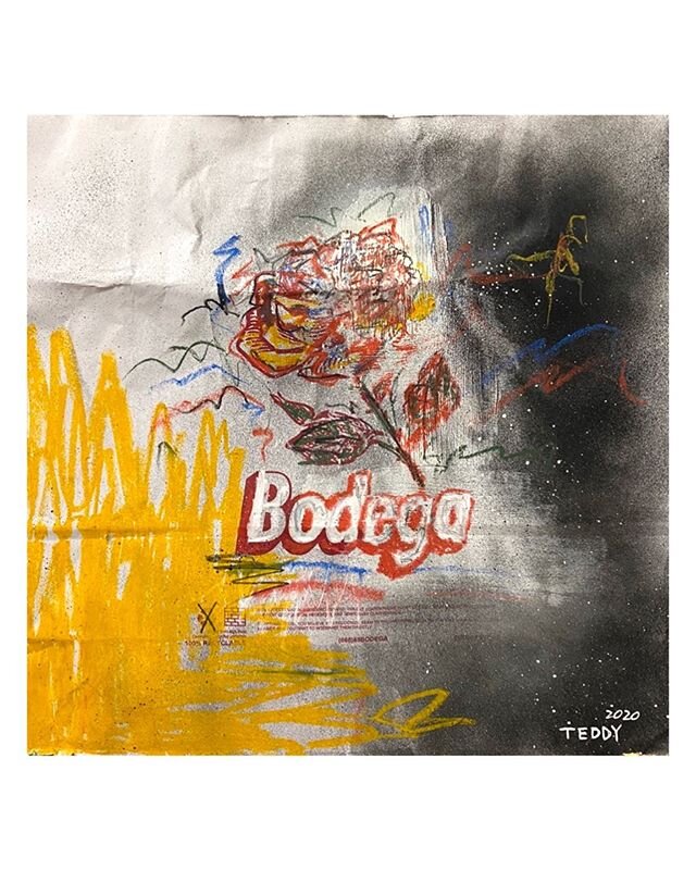 &ldquo;Bodega Bag 2&rdquo;, acrylic paint, spray paint, oil pastel, China marker on paper bag, 16&rdquo; x 16&rdquo;, 2020. 🤫🥤🌹 @bodega