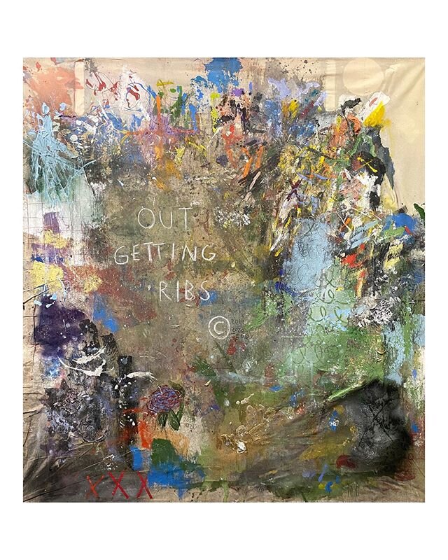 &ldquo;Year 2 in 59 Wareham Street Studio/ Out Getting Ribs&rdquo;, June 2019- June 2020, mixed media on canvas drop cloth, 70&rdquo; X 74&rdquo; 🎨🍖&copy;️🌺
&bull;Title from 2 of my favorites, Jean-Michel Basquiat and @edgar_the_breathtaker