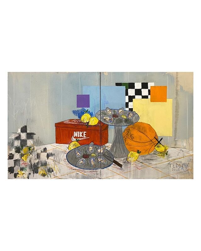 &ldquo;Untitled (Oysters, Basketball, Shoe Box)&rdquo;, house paint, acrylic paint, oil pastel, ink, krink ink, China marker, graphite, spray paint on canvas, 35&rdquo; X 60&rdquo; (diptych), 2020. 🦪🏀👟📦🎨