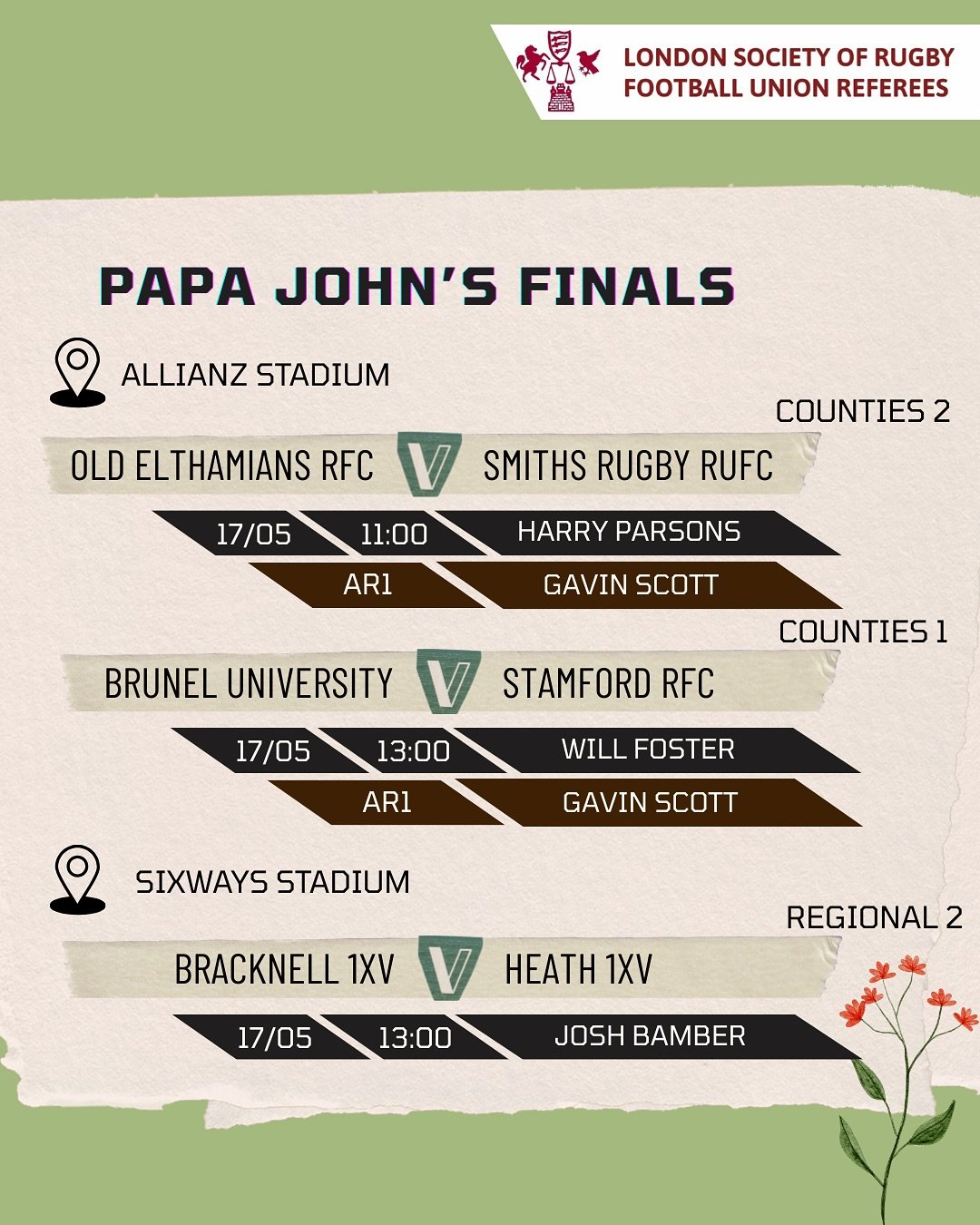 🏟️ PAPA JOHNS FINALS🏟️

We have a very busy Saturday coming up!
With 3 of our own taking care of the PJ finals at Allianz and Sixways stadium. We have a weekend full of counties fixtures too, all with full-London teams of 4. Good luck to all involv