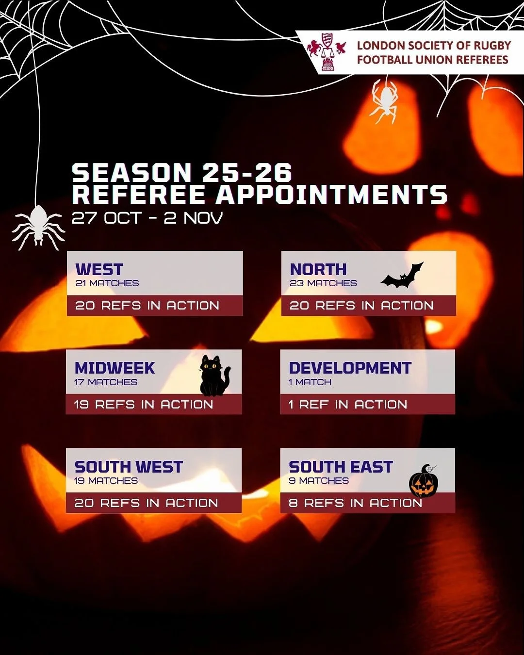 🎃 SPOOKY WEEKEND 👻 

We&rsquo;ve had a couple of rest weekends but as you may have seen on our story, we have a few of our refs out for the @cobrarugbyclub annual COBRA10s festival!! 

We also have a few TO3 out this weekend for some ladies games!
