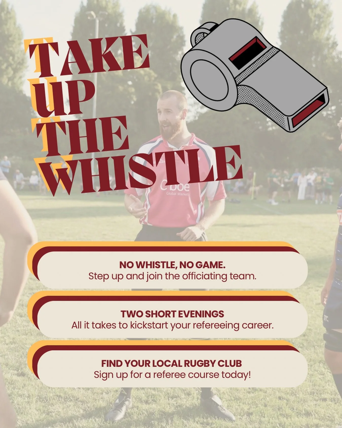 It&rsquo;s never too late to start your refereeing journey!

Whether that&rsquo;s because you&rsquo;ve been injured and can&rsquo;t play anymore, want to develop some new skills, want something to add to your UCAS or something to do at the weekends a