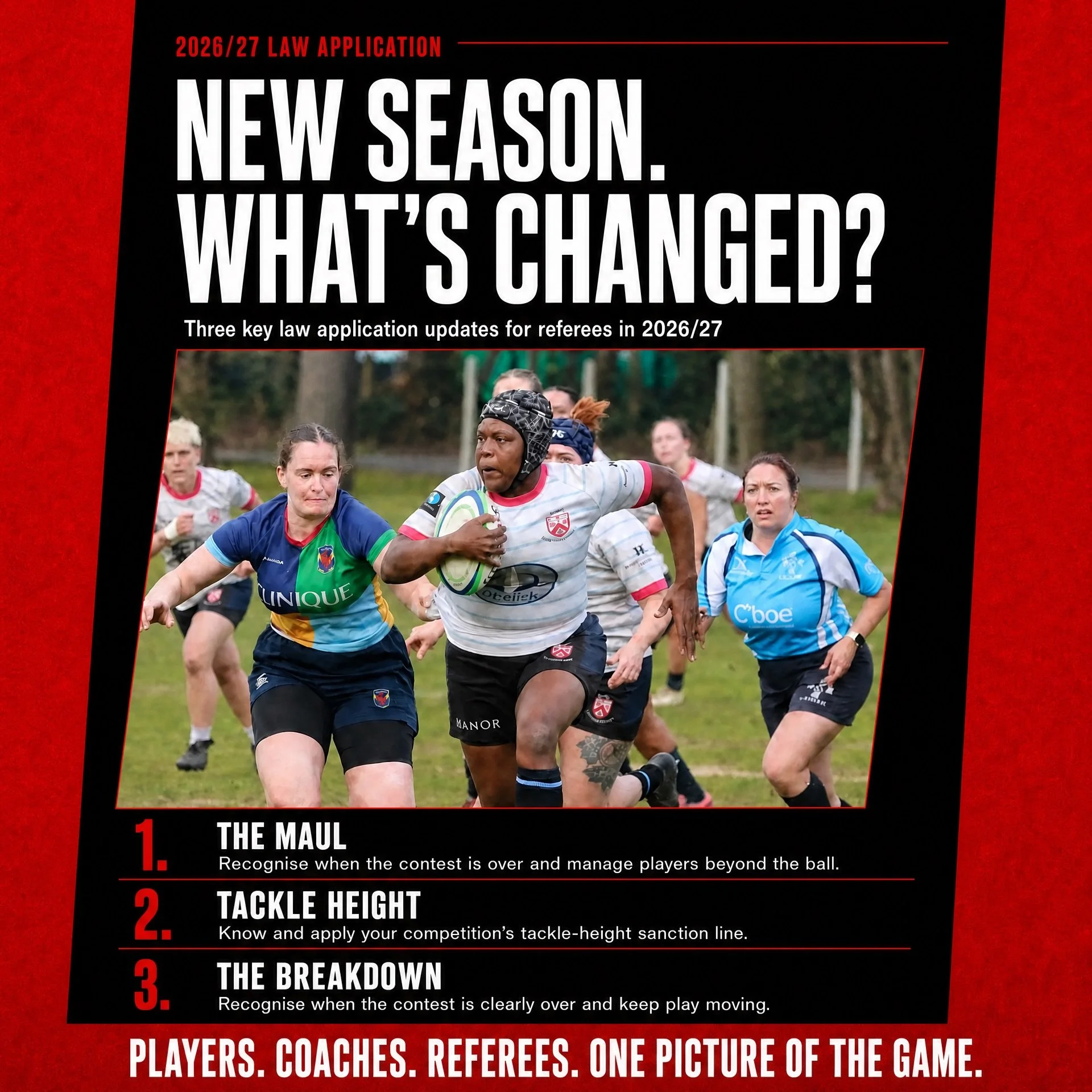 🚨 2026/27 Law Application Updates 🚨

A new season brings key changes to how the game is refereed.

This season, referees should focus on three important areas:
🏉 The Maul &ndash; Recognise when the contest is over and manage players beyond the bal