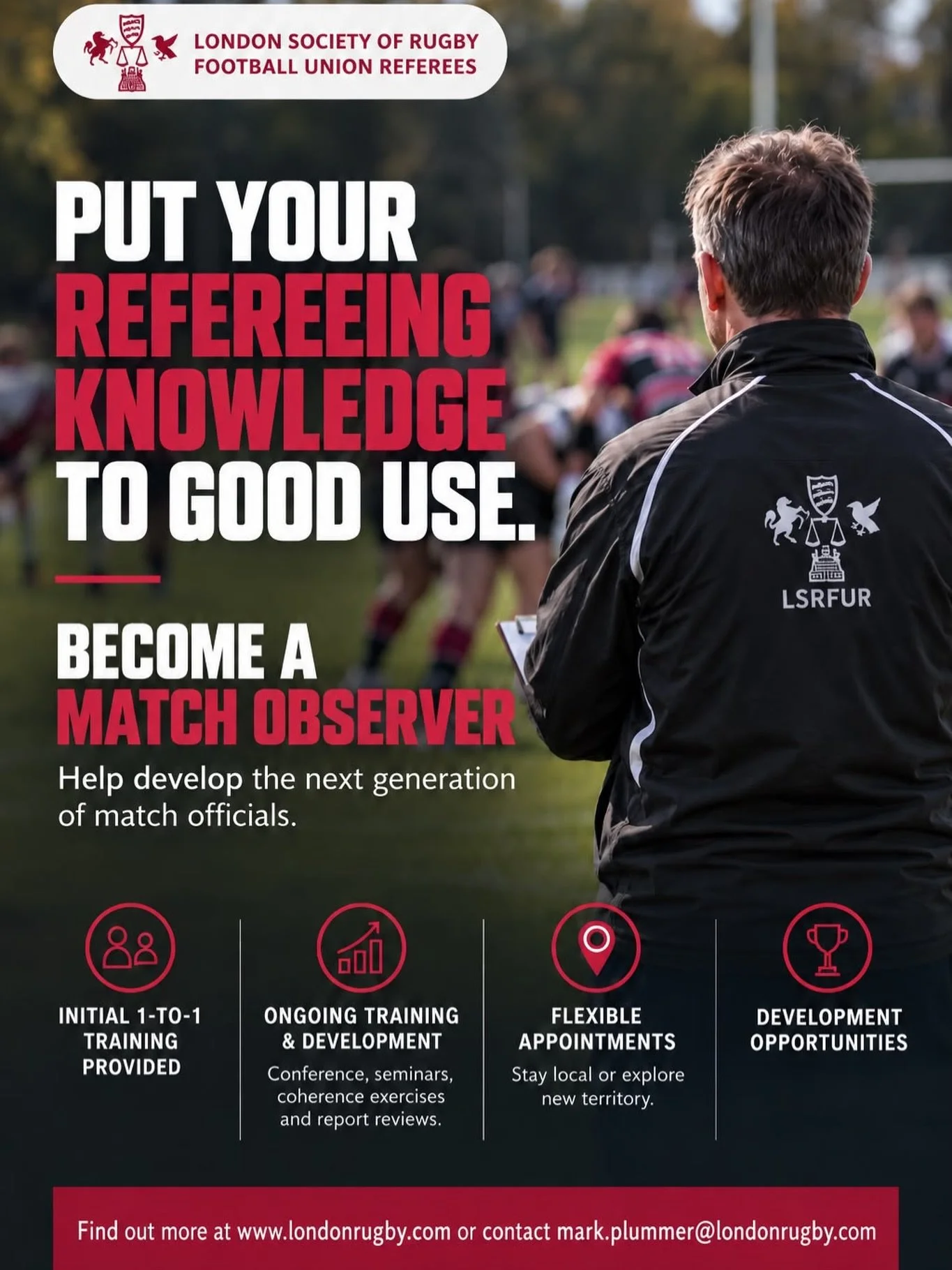 🏉 Help shape the next generation of rugby match officials!

Become a Match Observer with LSRFUR and play a vital role in supporting referee development across the game.

From providing constructive feedback and sharing your experience to helping off