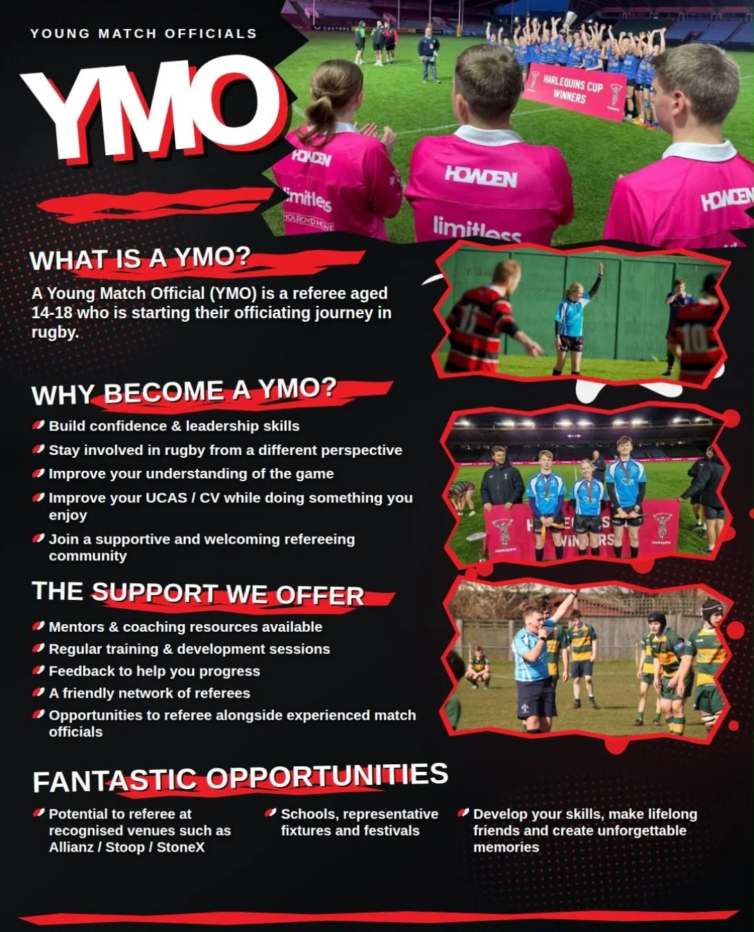 🏉 READY TO GET INVOLVED IN RUGBY IN A NEW WAY? 👀

Ever thought about becoming a Young Match Official (YMO)? 🔴⚫

If you&rsquo;re aged 14&ndash;18 and passionate about rugby, becoming a YMO is a brilliant way to develop your confidence, build leader