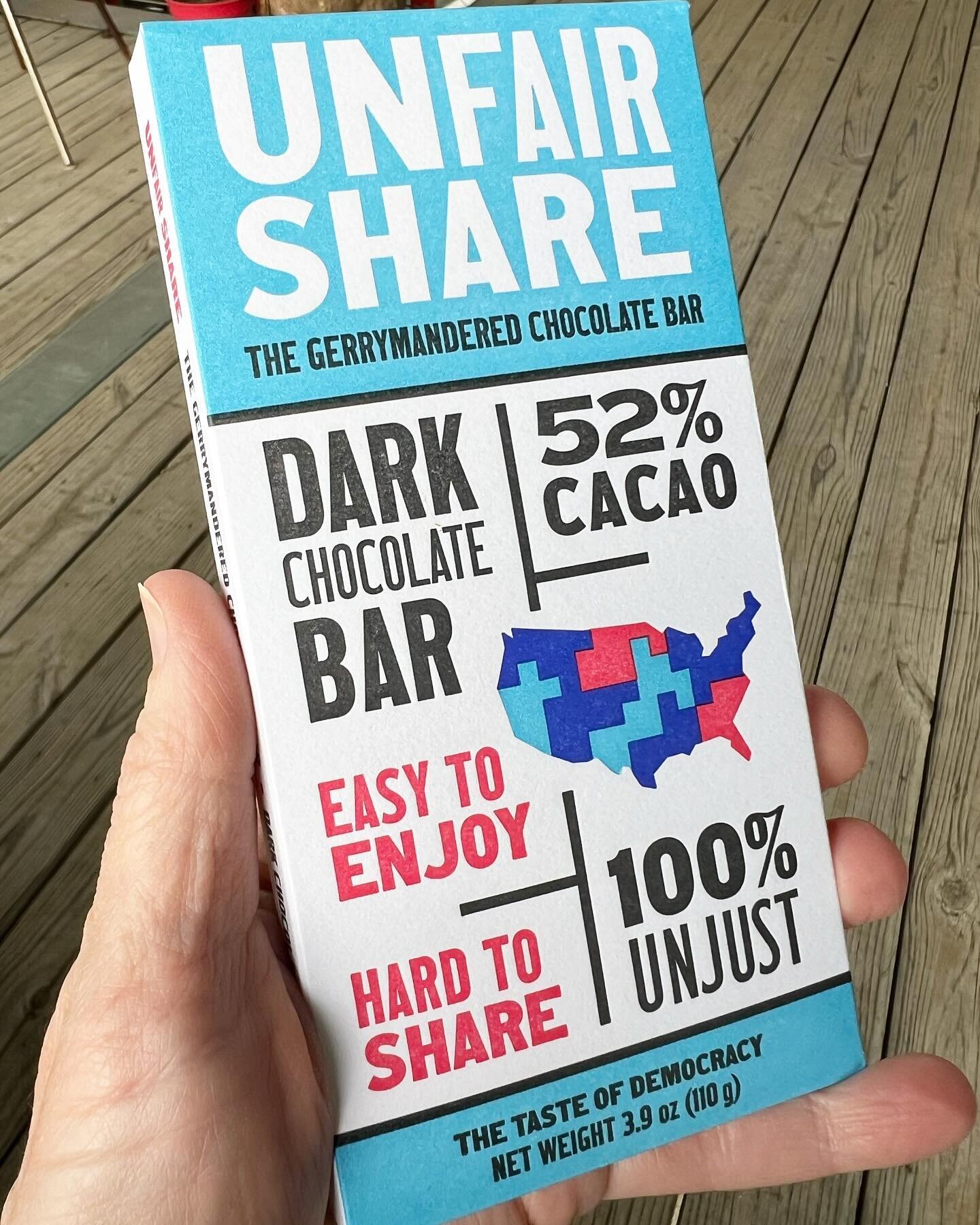 Yaaay! The @unfairshare chocolate bars are here!!! Dark chocolate with incredible letterpress printed packaging. And instead of breaking it up into equal pieces, it highlights our ridiculous gerrymandered political districts, but brilliant in a choco