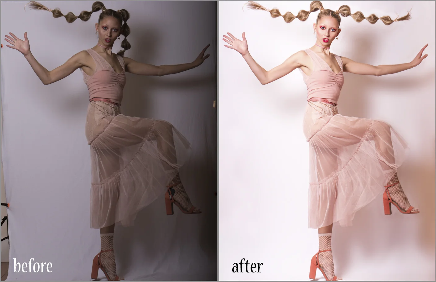 A before and after editing from one of my latest publishings in PROMO Magazine "Living Plastics" featuring model Geneva. As you can tell a lot changed from the raw to the final product, this edit took me around 2 or so hours to complete. For this series not only was I the photographer and retoucher, I also did the styling and makeup. All of which took a ton of my time and used up materials.