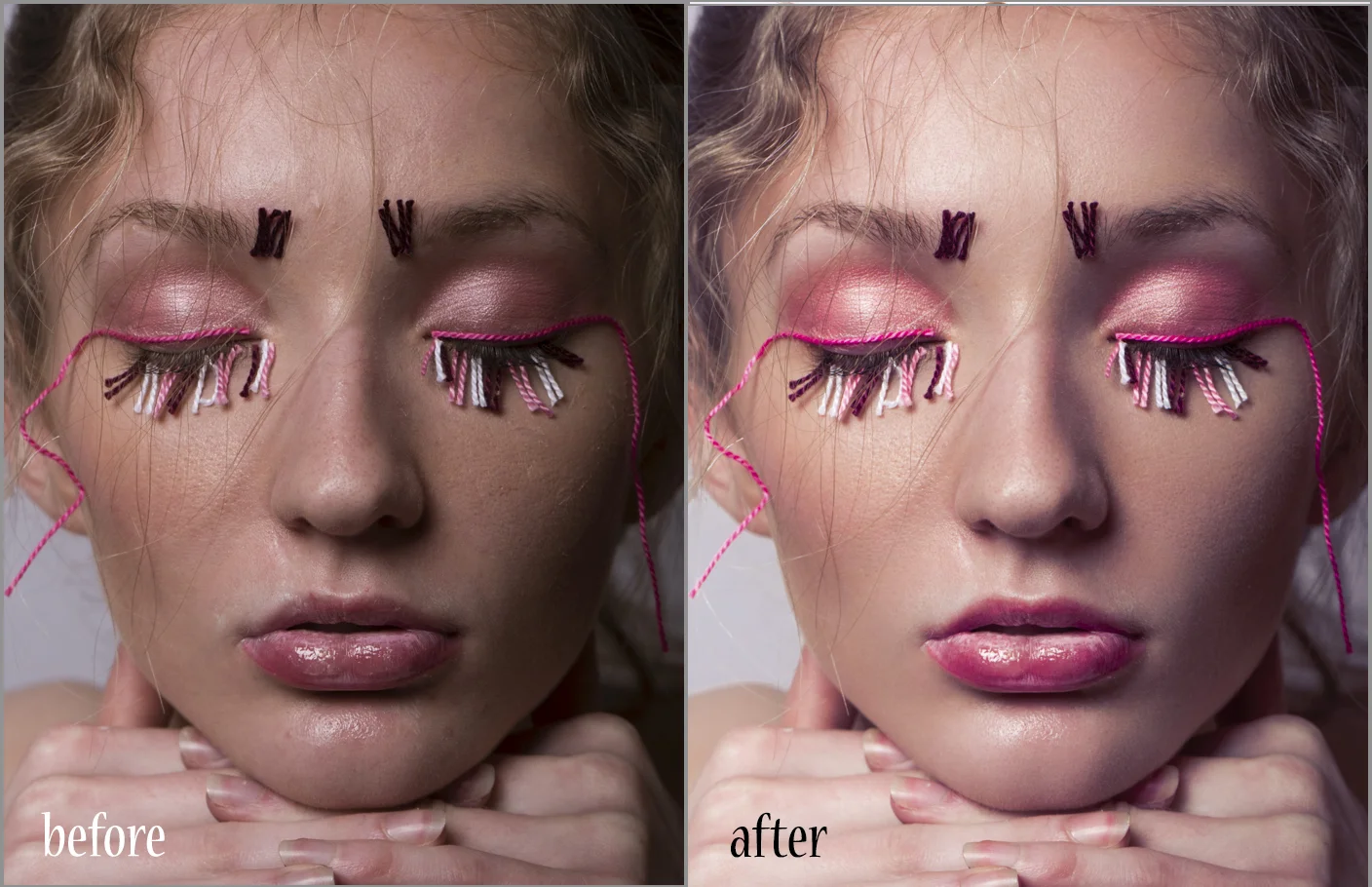 Before and after editing one of the images from my "Heartstrings" beauty editorial featured on Scorpio Jin Magazines' website with model Amara. This edit took me around two hours to fully complete, and that was just one of the 13 images used for this spread. Thats over 26 hours in total of just editing , not including the 5 hour shoot time. 