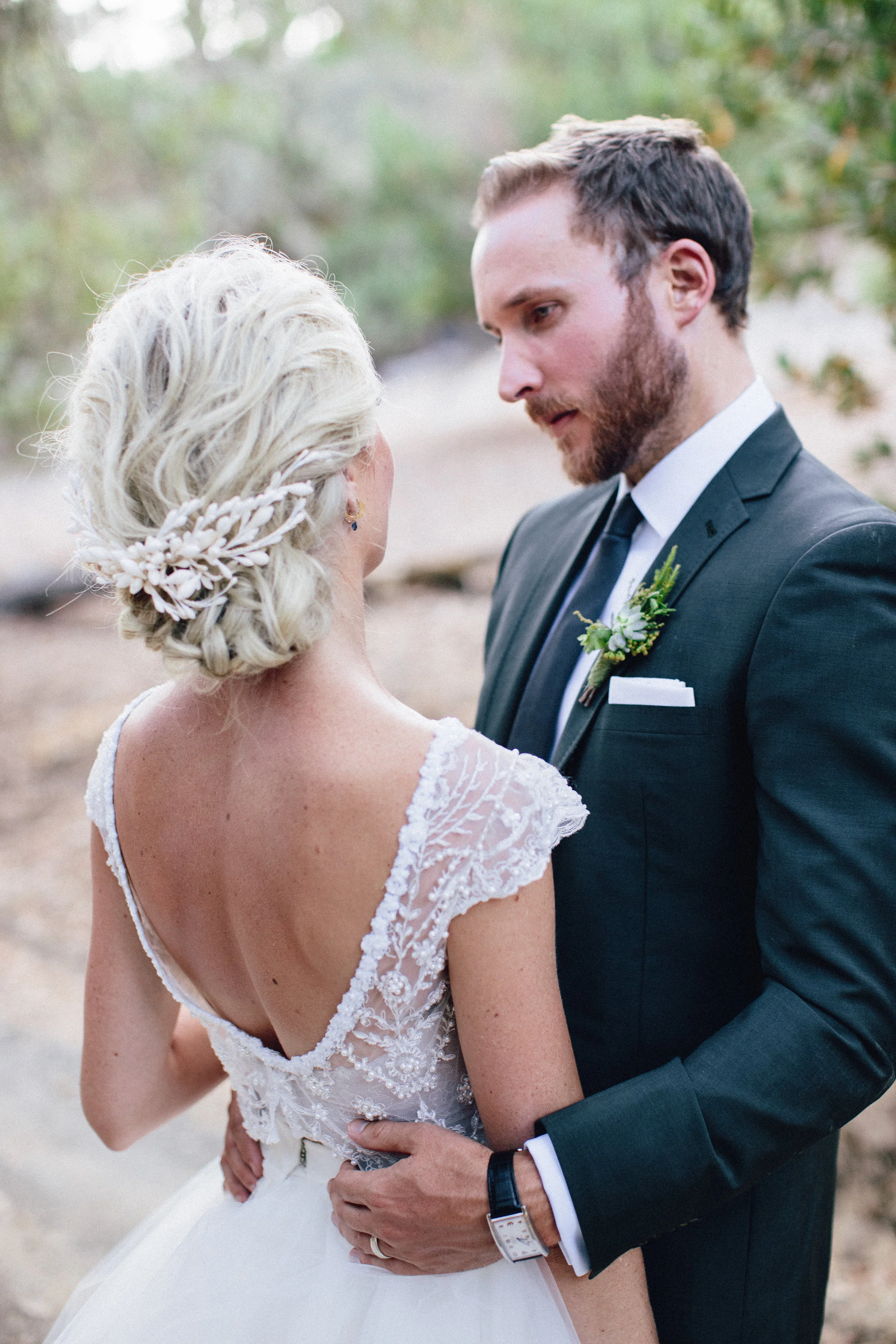 Bridal up-do, wedding hair, two piece wedding dress, Napa wedding || Orange Blossom Special Events