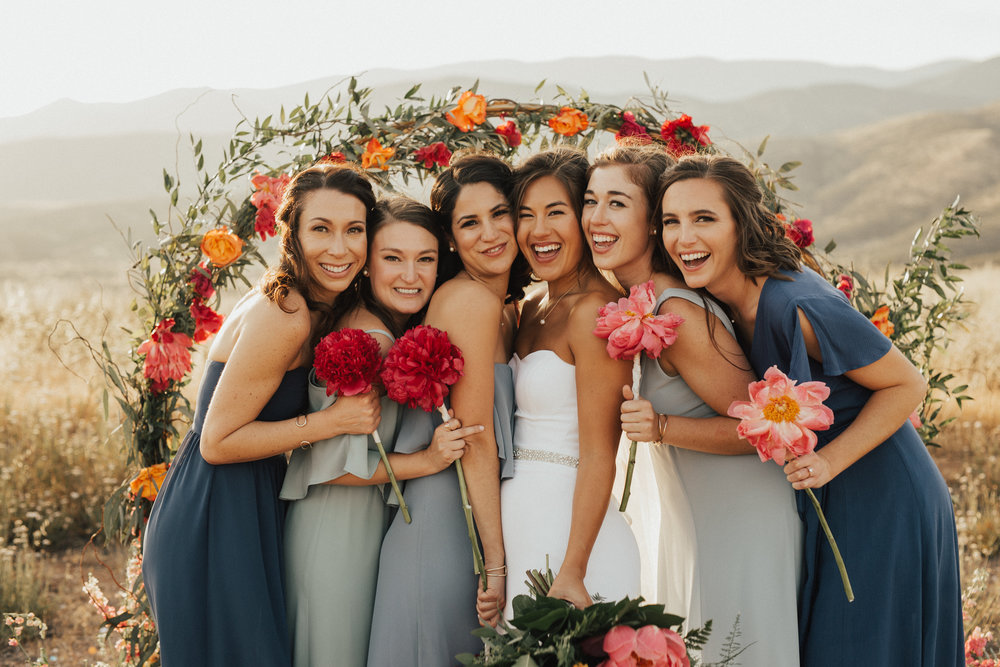Bride and Bridal Party in Blue and Gray