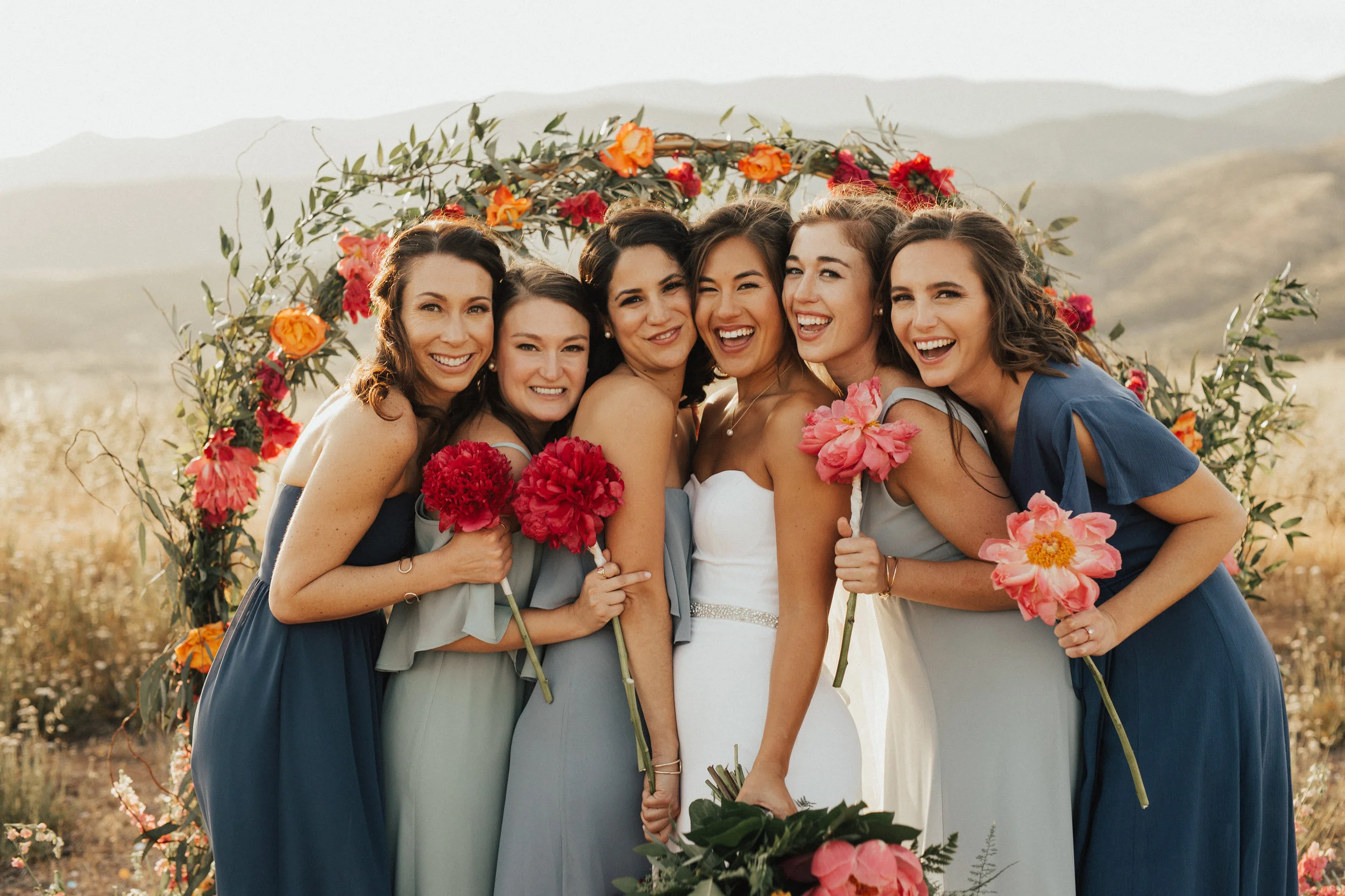 wedding bridal party, navy blue bridesmaid dress, grey bridesmaid dress, California mountain wedding || Orange Blossom Special Events