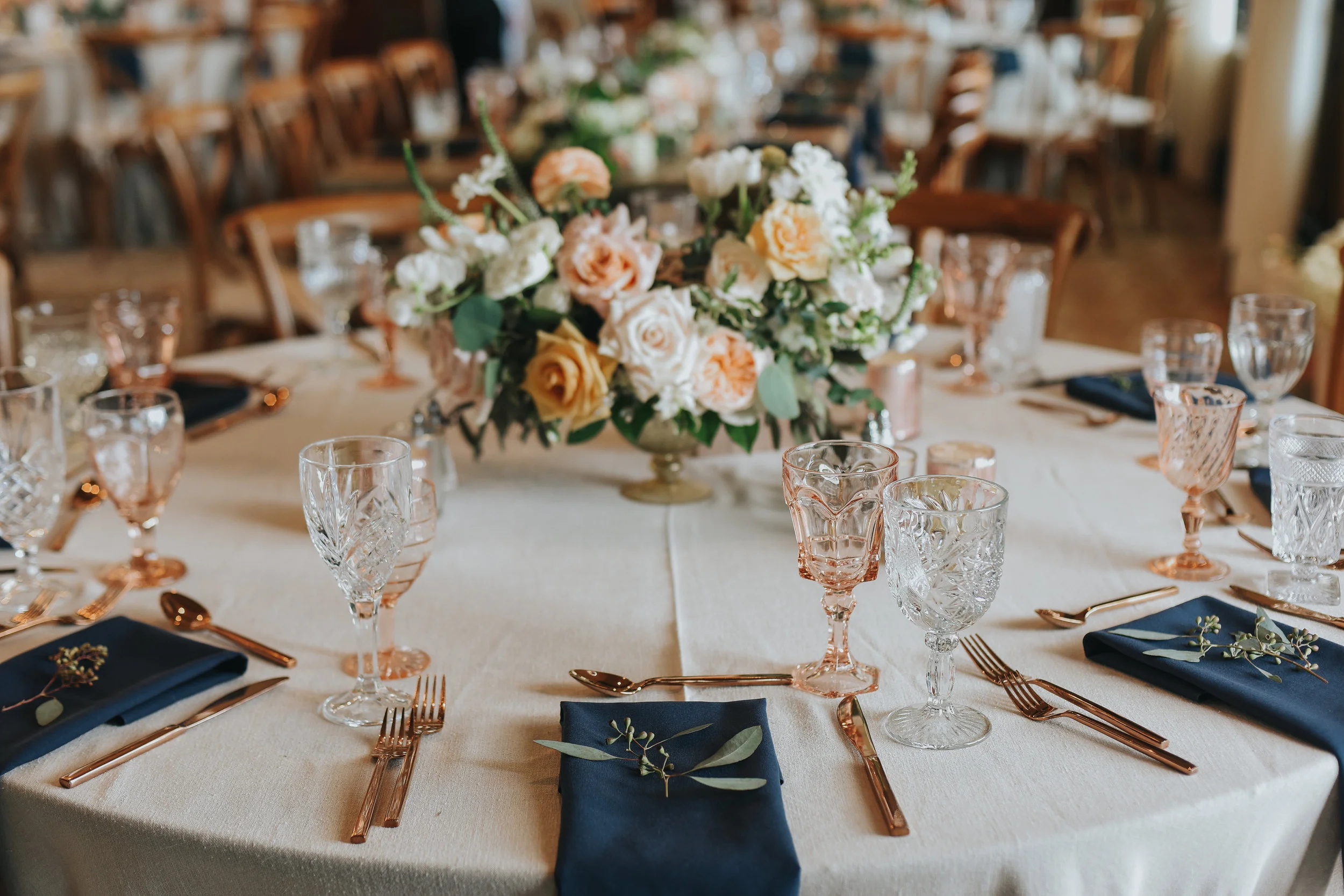 navy blue wedding napkins, rose gold wedding utensils || Orange Blossom Special Events