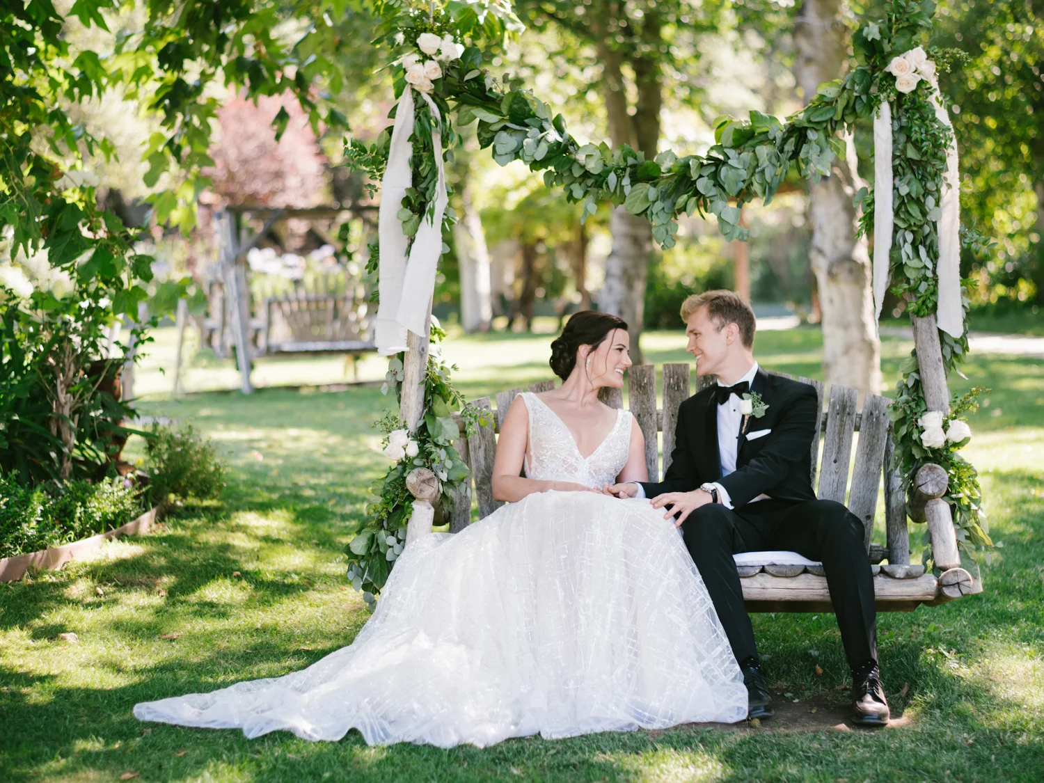 lace wedding dress, Malibu wedding, rustic chic wedding, wedding bench, bridal up-do || Orange Blossom Special Events