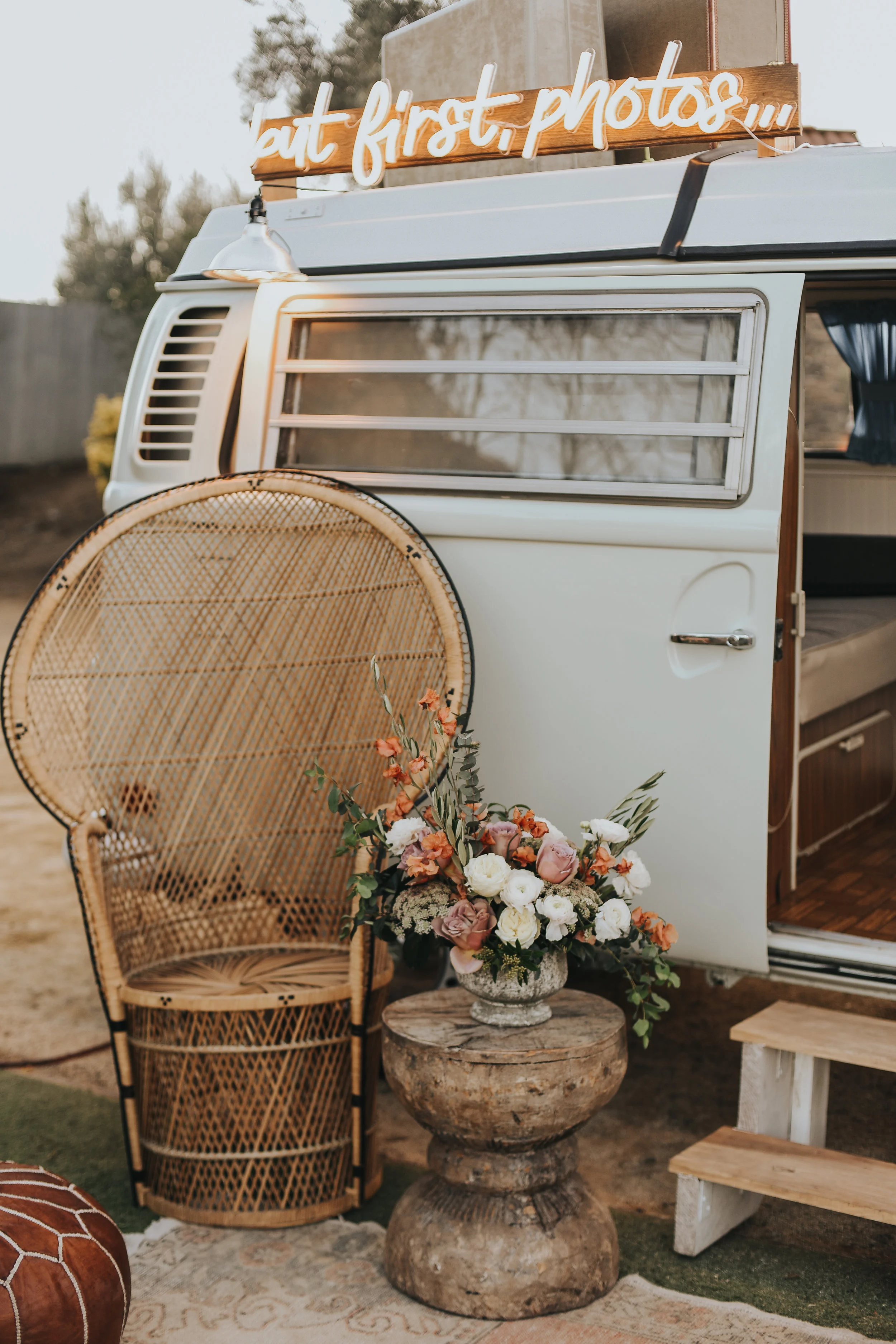 wedding photo booth, vintage van, neon sign, Malibu wedding || Orange Blossom Special Events