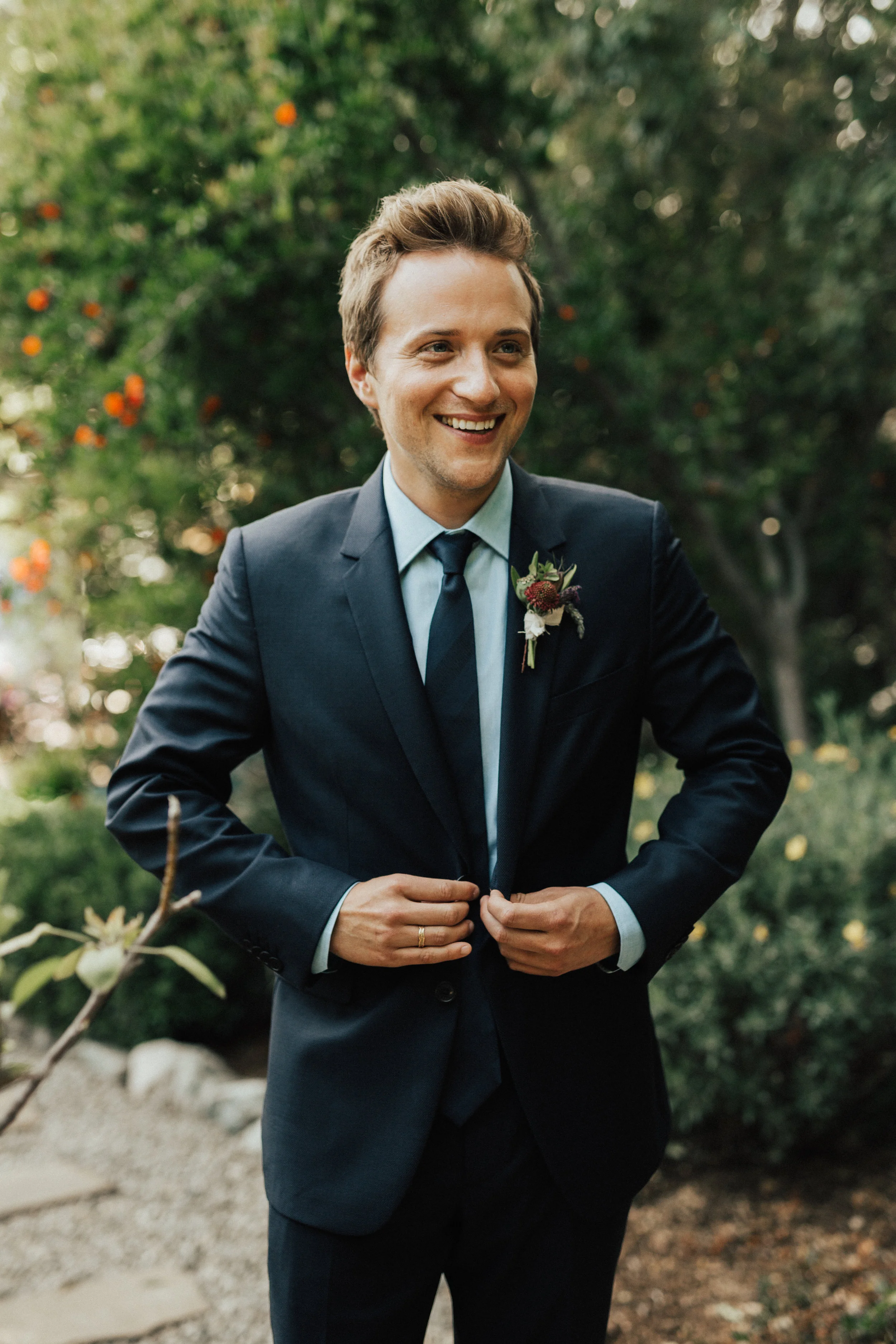 boutonniere, silk tie, bold tuxedo, Pasadena wedding || Orange Blossom Special Events