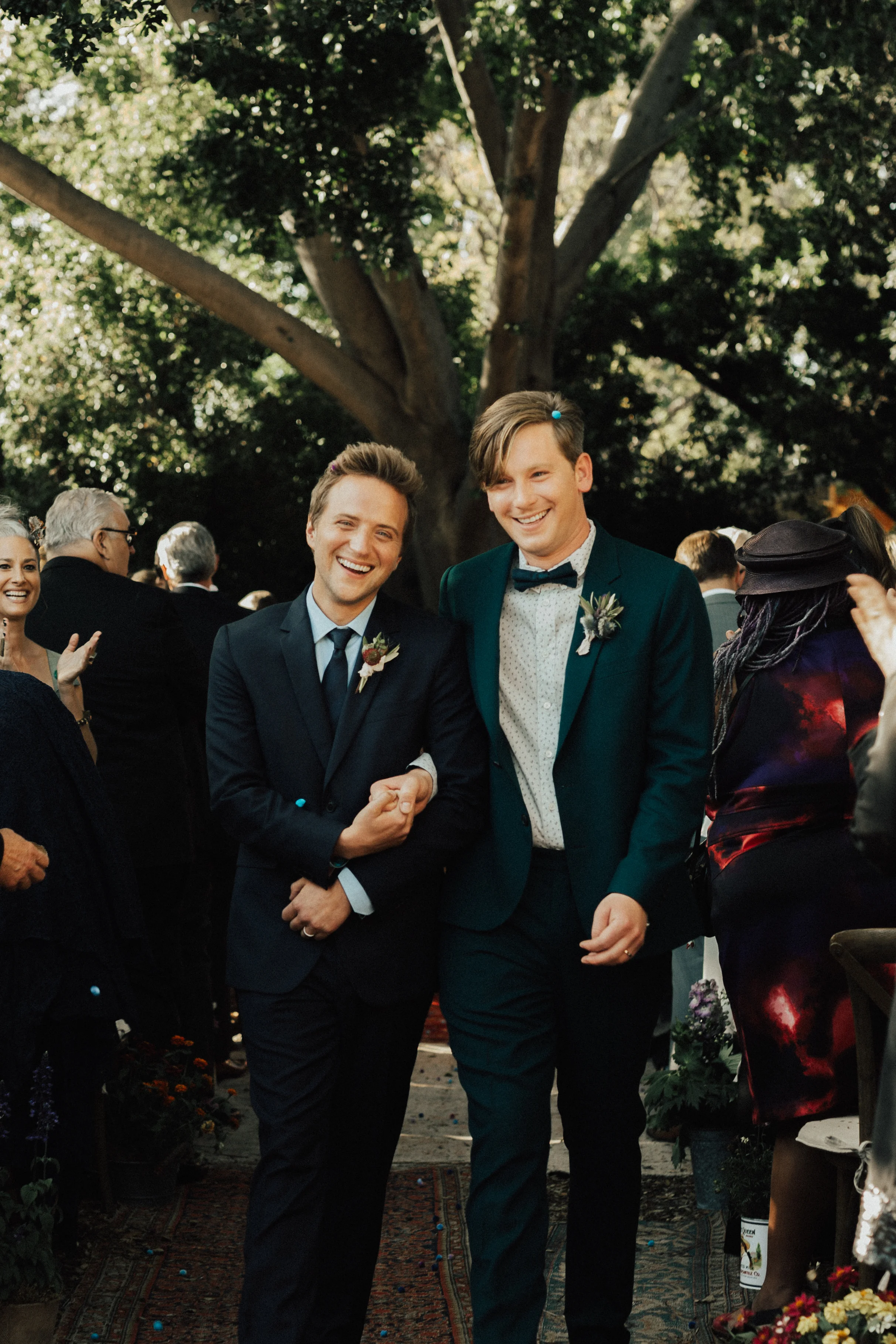 grooms, boutonniere, outdoor California wedding, first kiss || Orange Blossom Special Events
