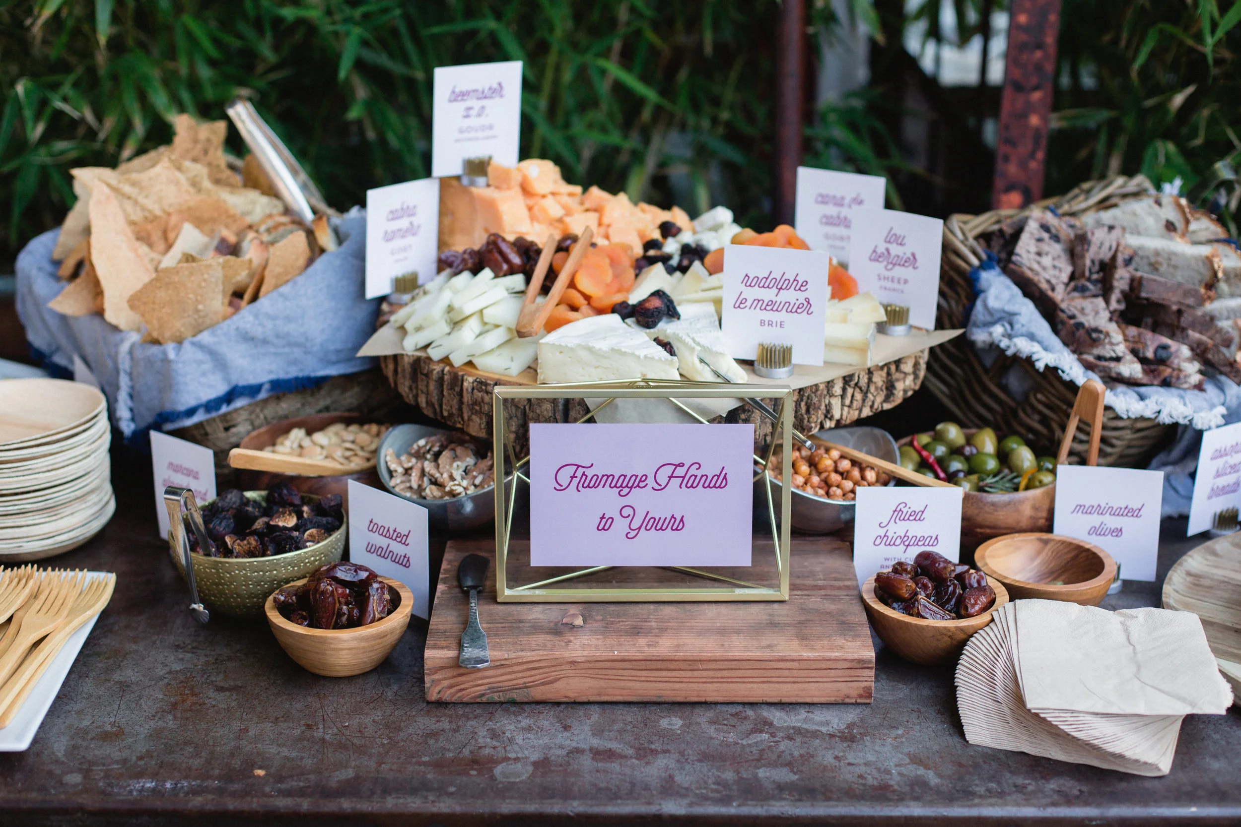 Cheese and appetizer table with custom signs || Orange Blossom Special Events