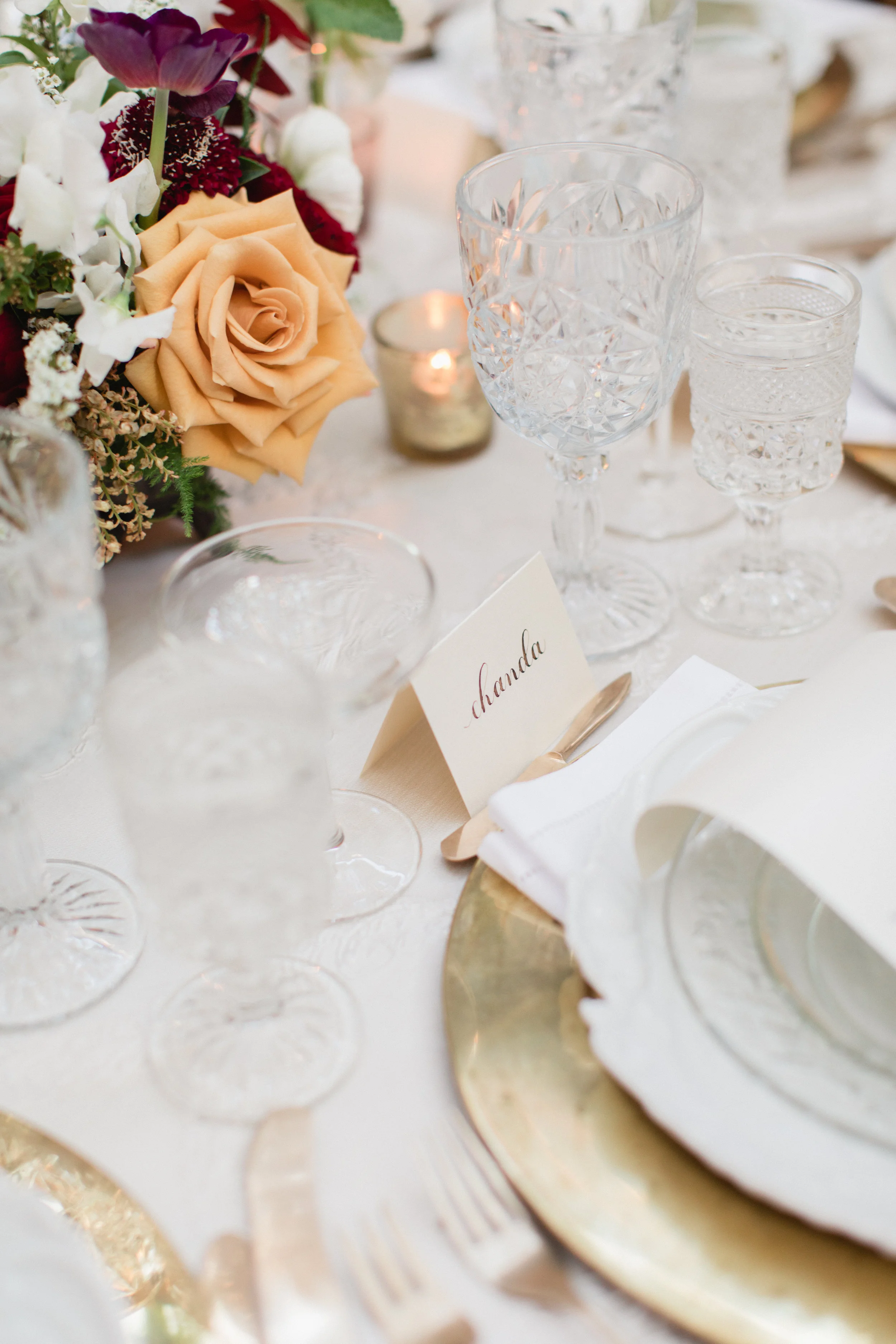 Gold accented wedding tabletop || Orange Blossom Special Events
