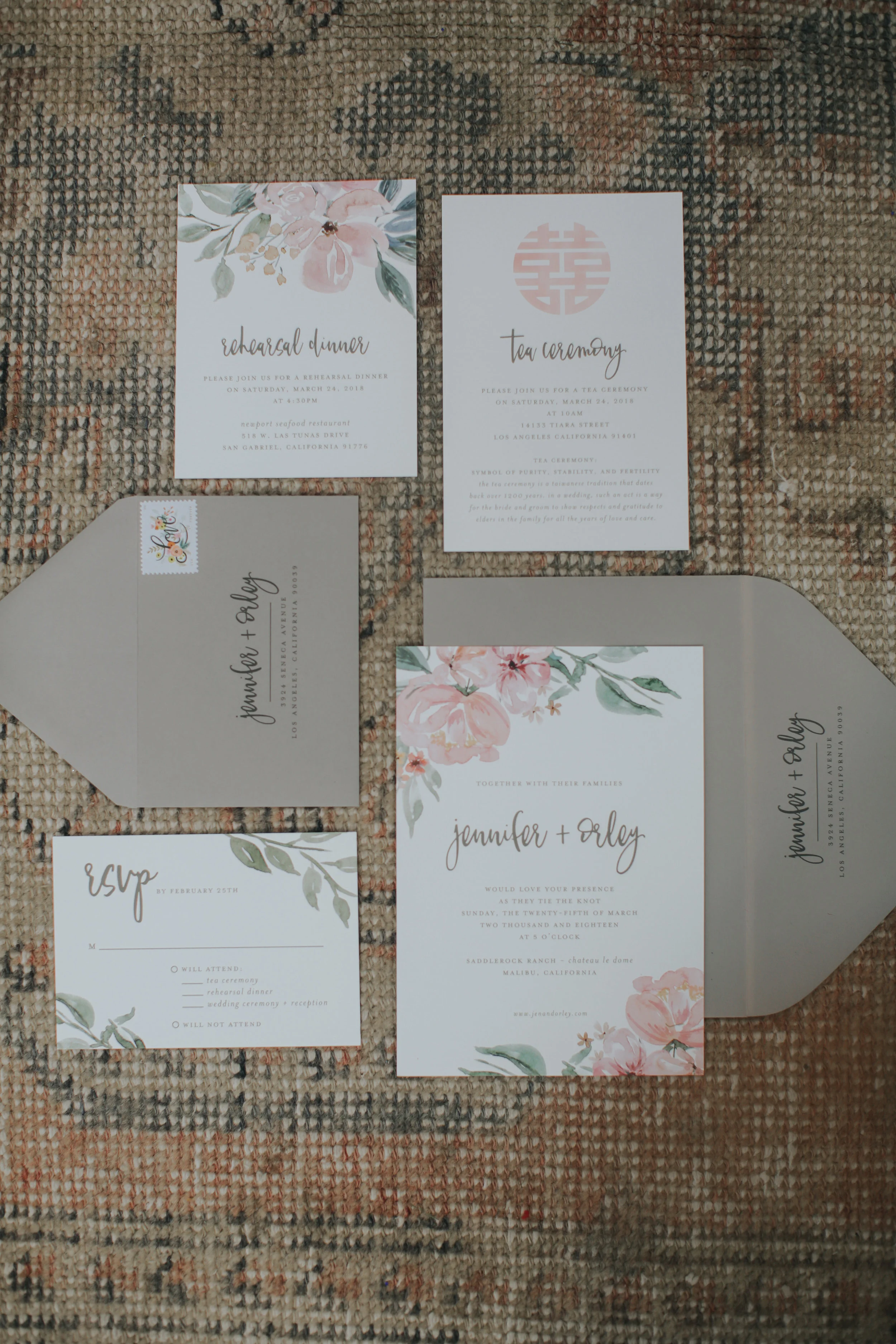 Custom floral wedding invitations, shabby chic wedding invitations, Los Angeles wedding || Orange Blossom Special Events