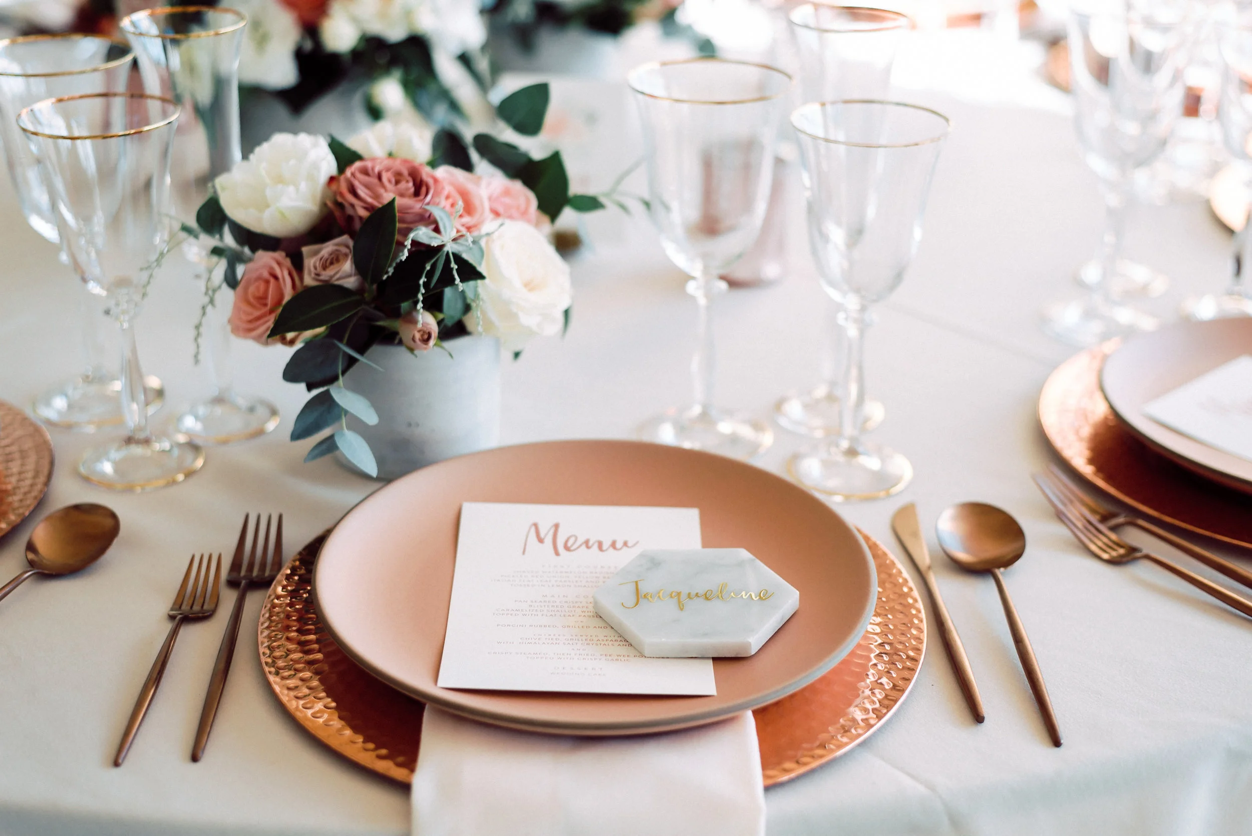 custom wedding menu, custom wedding design, rose gold wedding decor, custom wedding decorations || Orange Blossom Special Events