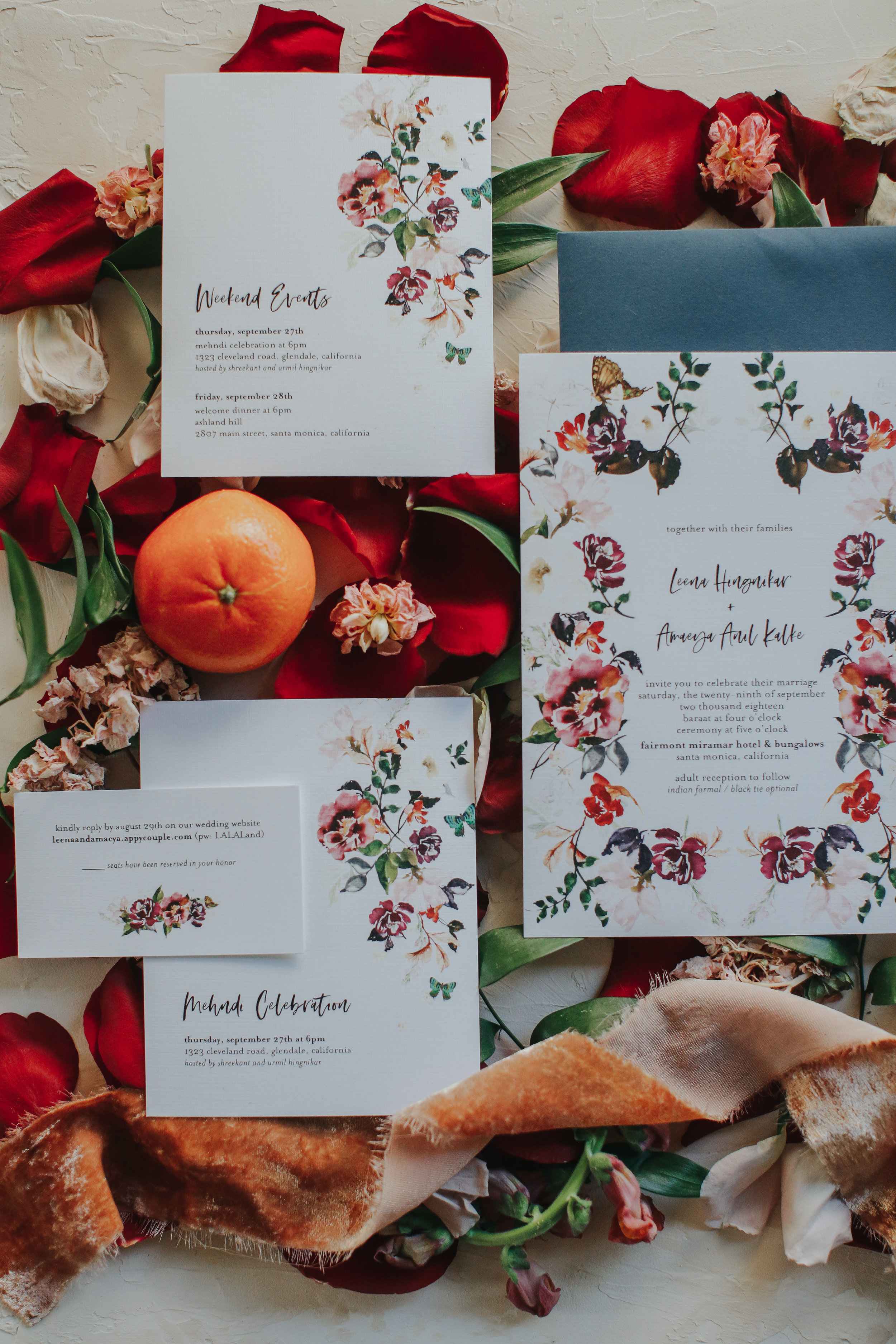 custom bold wedding invitations, custom floral wedding invitations, Los Angeles wedding, custom wedding save the date  || Orange Blossom Special Events
