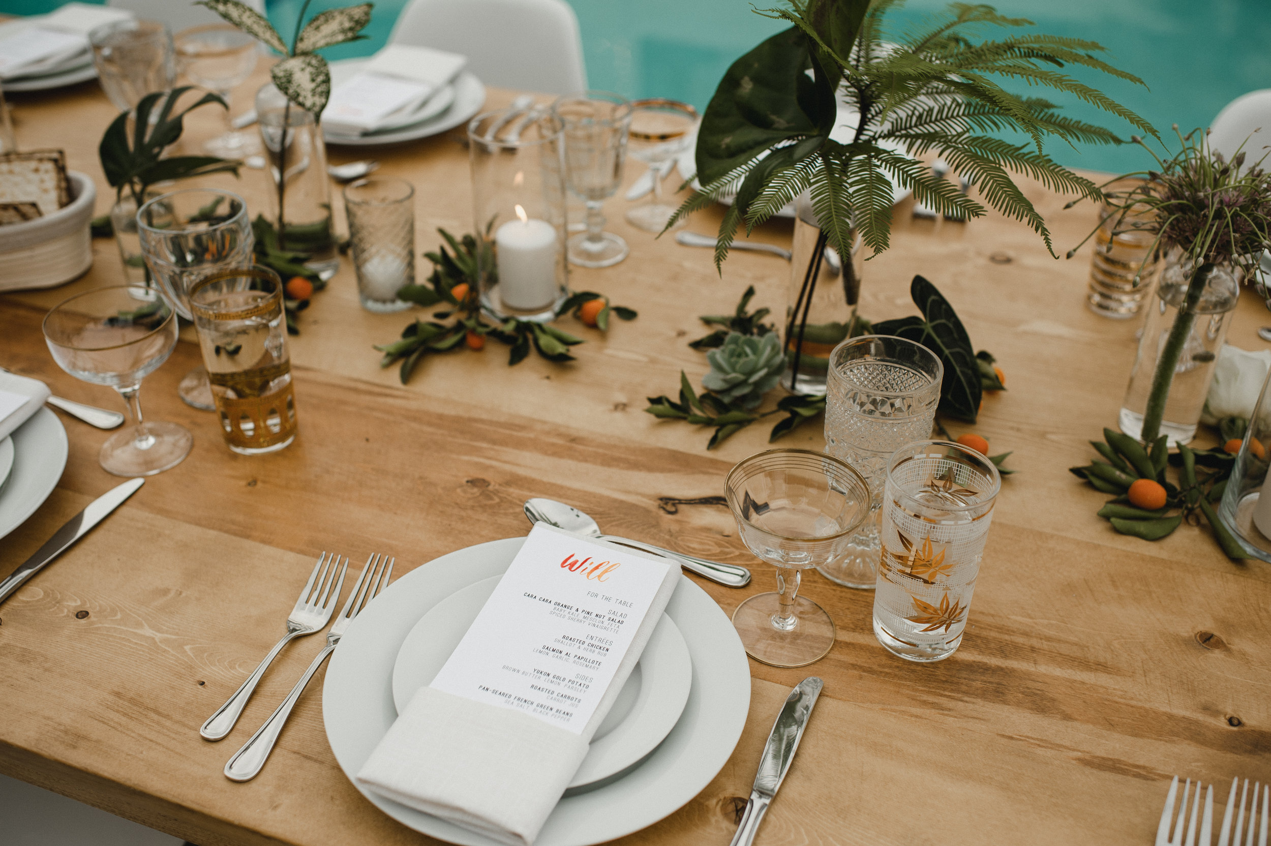 custom wedding menu, custom wedding design, wedding glassware, outdoor wedding, pool wedding, Los Angeles wedding  || Orange Blossom Special Events