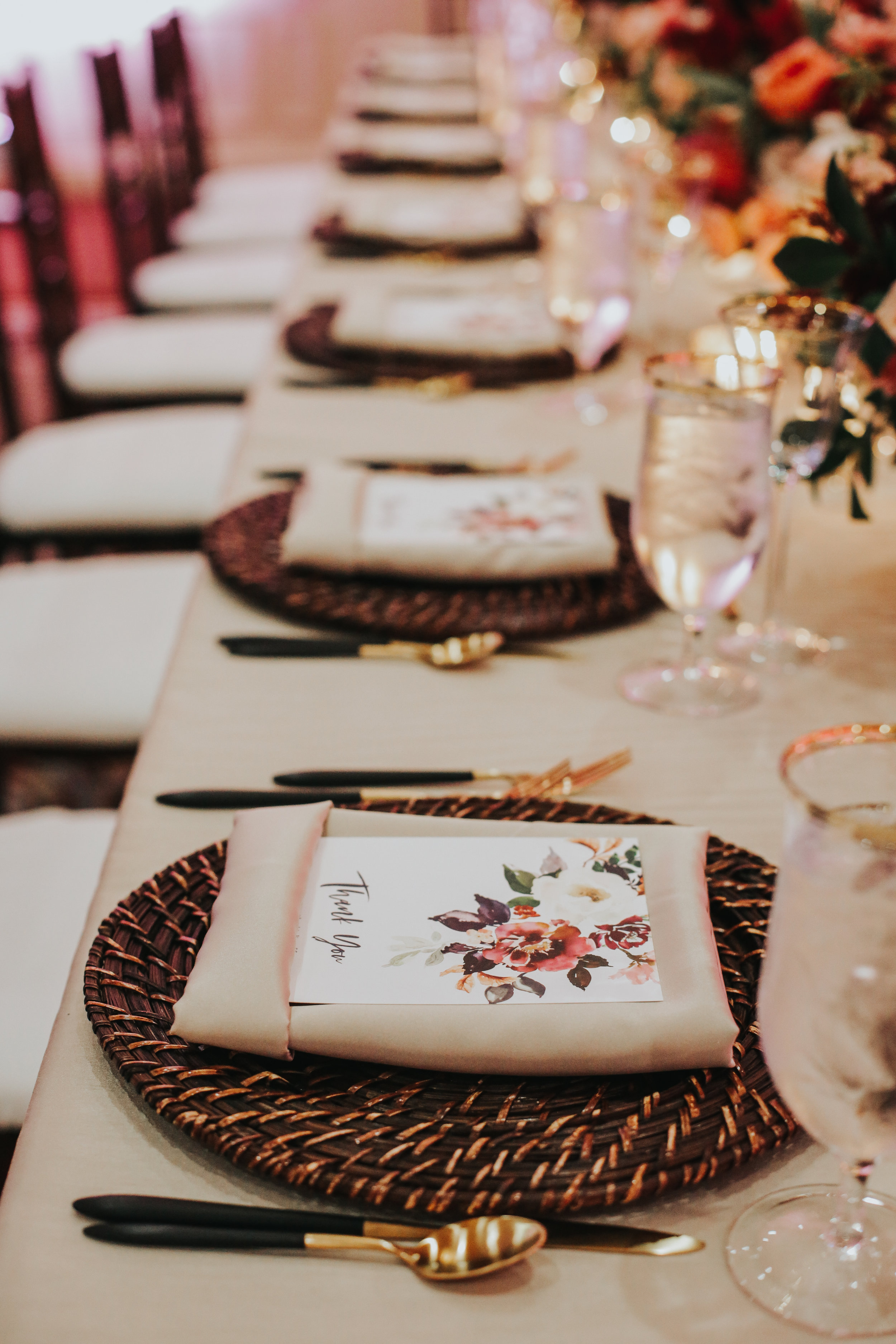 custom wedding invitations, custom wedding place setting, floral wedding menu, custom wedding silverware, outdoor wedding dinner, Los Angeles wedding  || Orange Blossom Special Events