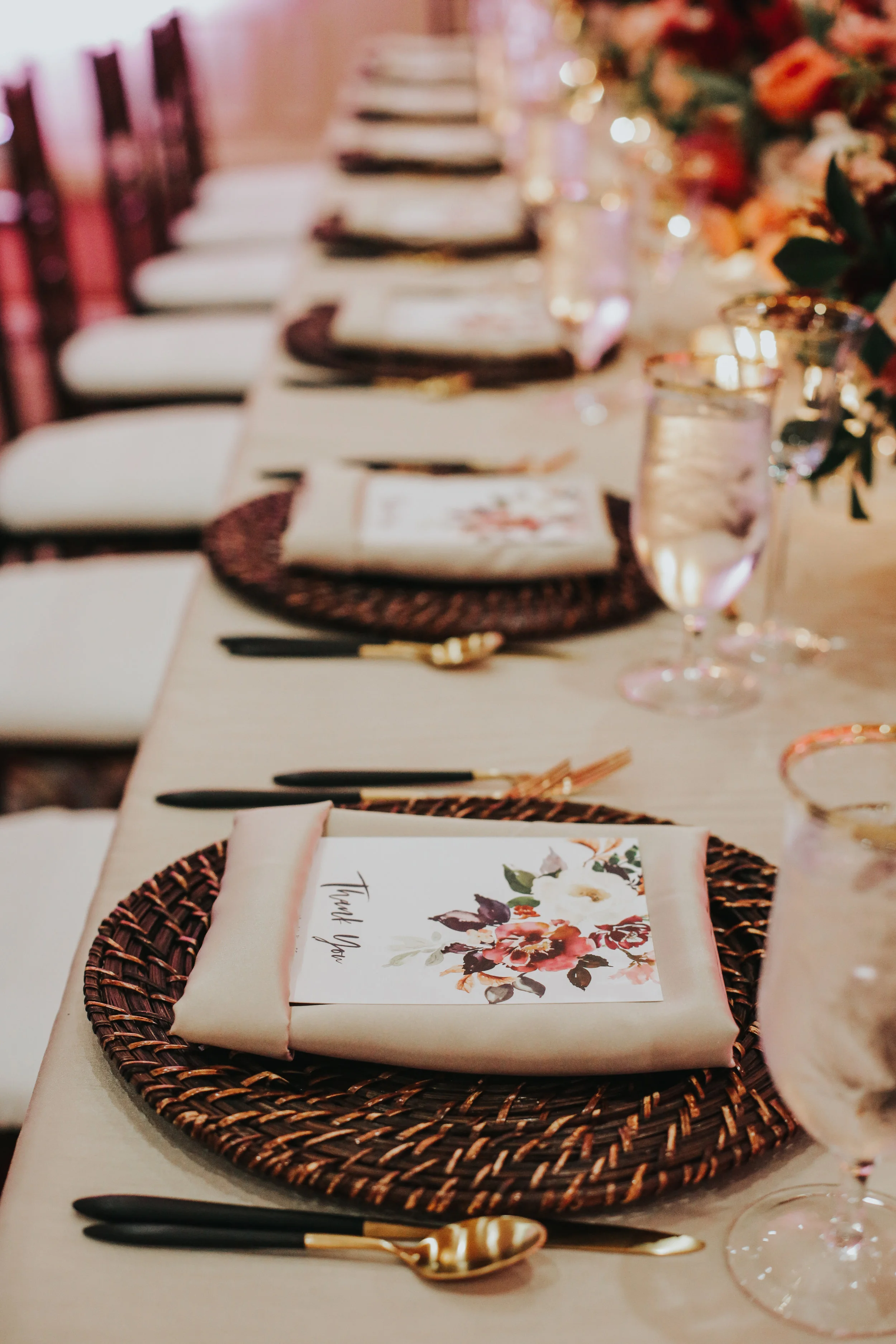 custom wedding invitations, custom wedding place setting, floral wedding menu, custom wedding silverware, outdoor wedding dinner, Los Angeles wedding || Orange Blossom Special Events