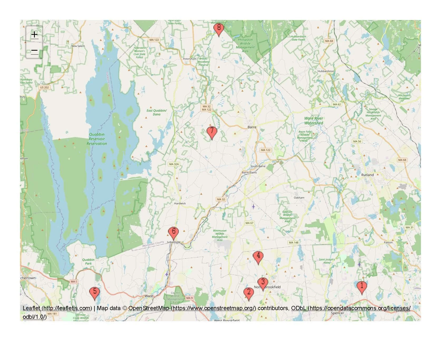 map showing all 8 stops on the back roads studio tour