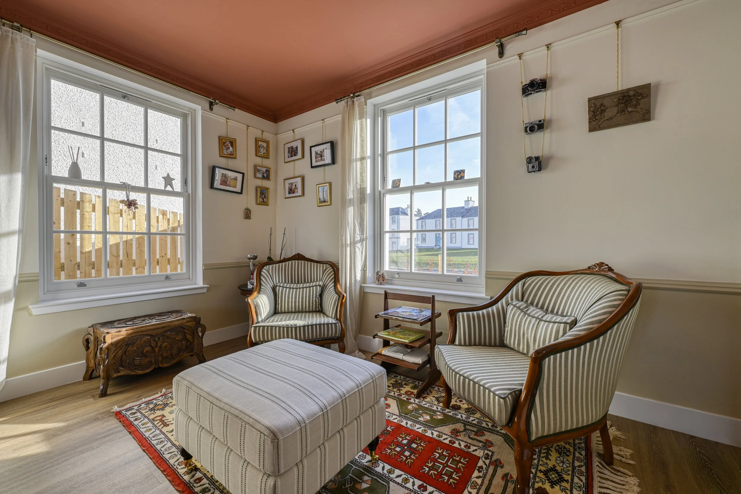 Photograph of a cosy living room, detail shot, taken in Tornagrain