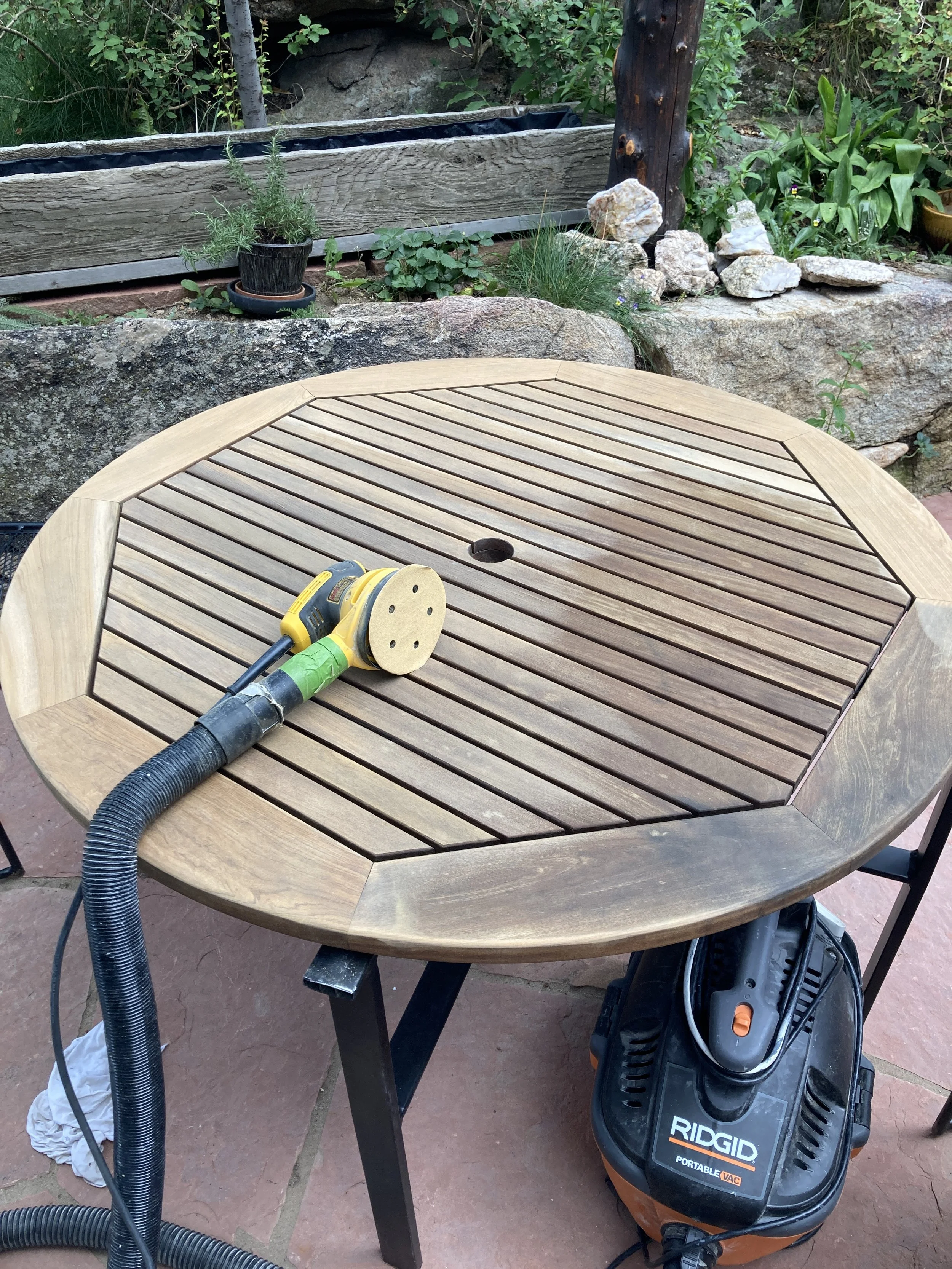 Teak table - power sand w/ vac