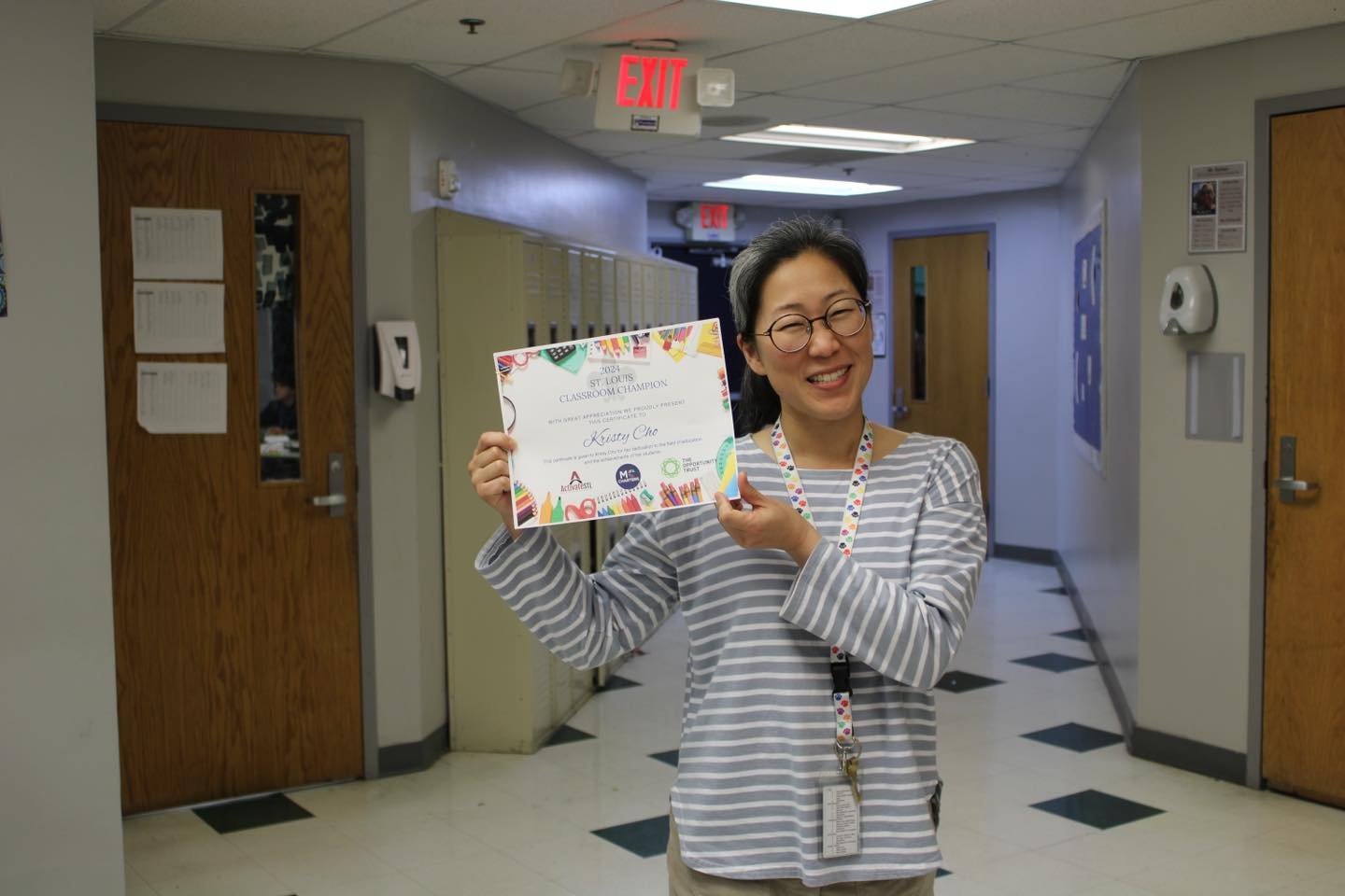 Ms. Cho received the Classroom Champion Award today presented by the Communications Program Manager with the Opportunity Trust.

She is so hardworking, always comes to work with a smile on her face, and shows up for her students each and every day. S