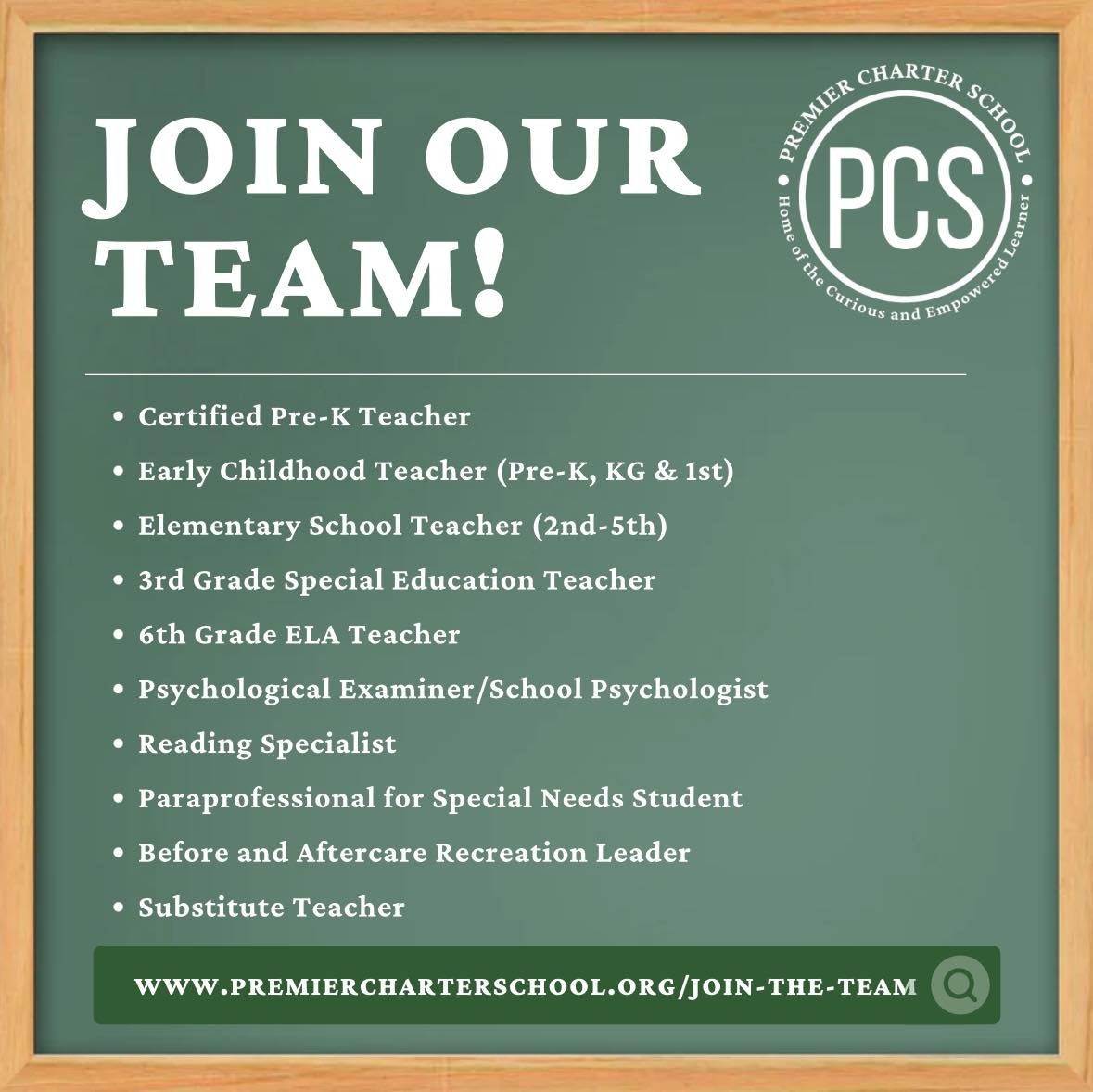 CALLING ALL EDUCATORS--JOIN OUR TEAM 🍎

We still have positions open for the 2024-2025 school year and we want you to be a part of the Premier Charter School family! 

Here are a few reasons for why you should work at PCS:
- Incredible work culture 